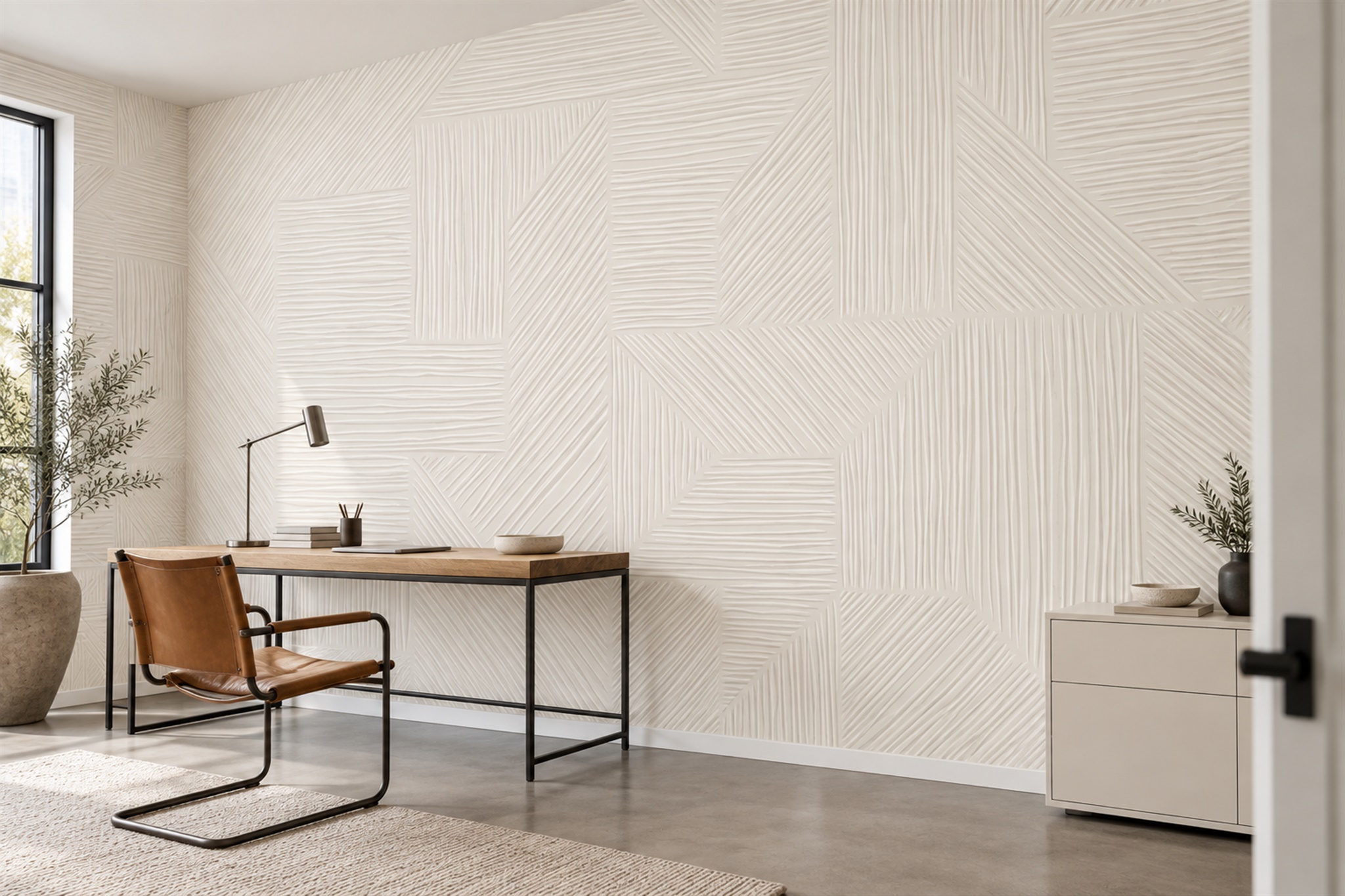Ivory Pattern Decorative Linear Wallpaper Mural Home-office-wallpaper-murals, Shown In A Home Office, Peel-and-stick Finish