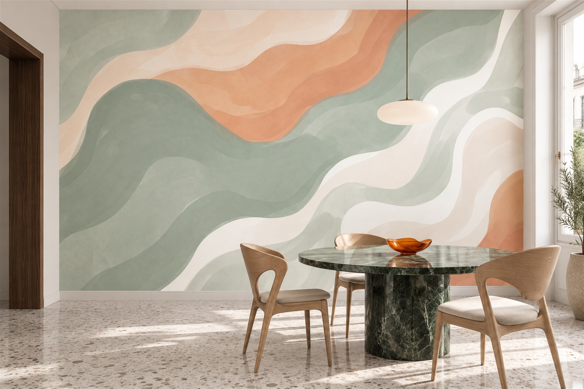 Sage Waves Artful Abstract Wallpaper Mural Dining-room-wallpaper-murals, Shown In A Dining Room, Peel-and-stick Finish
