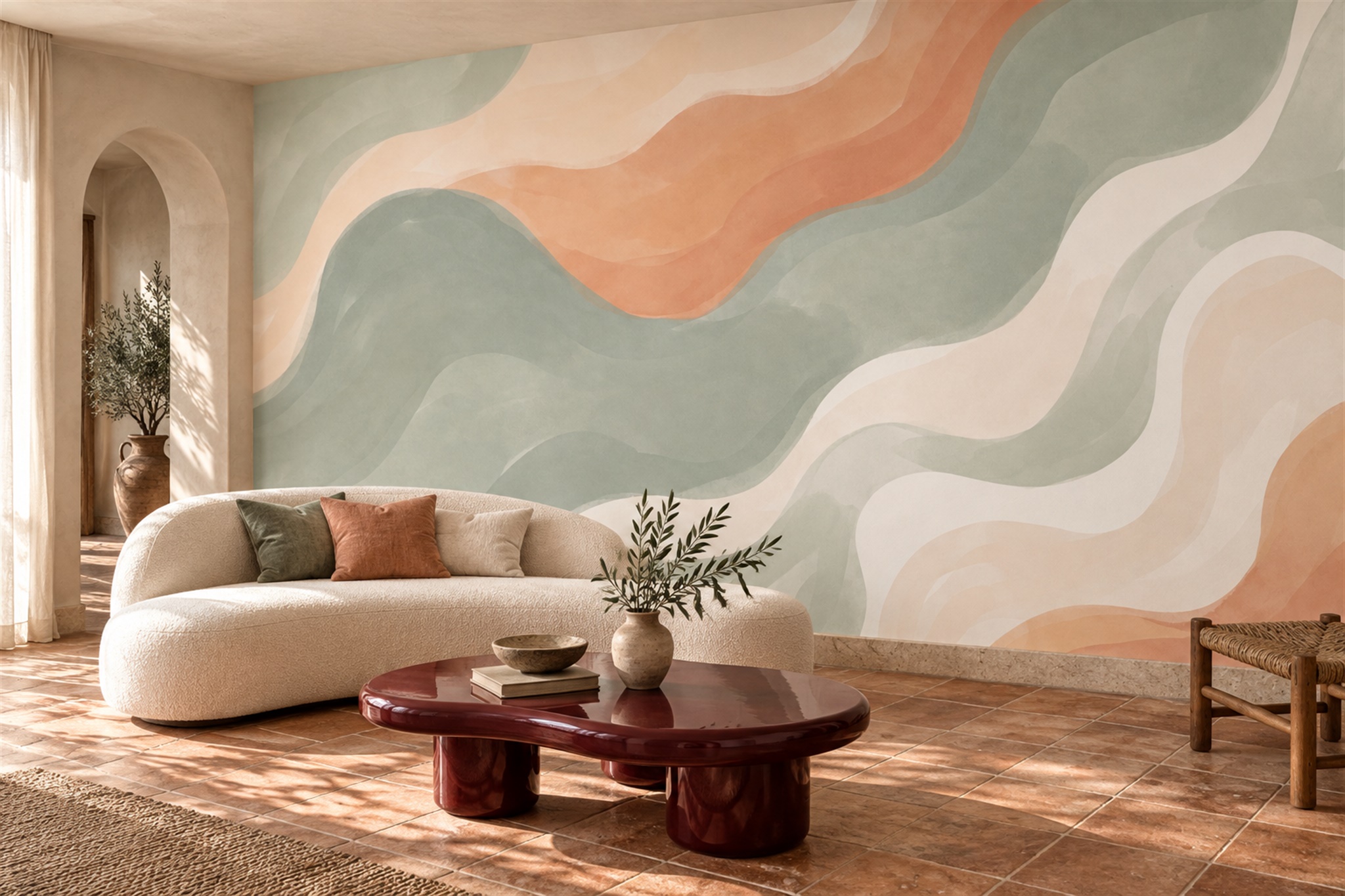 Sage And Peach Flowing Wave Abstract Wallpaper Mural — Wallpaper Mural Design, Peel-and-stick Finish