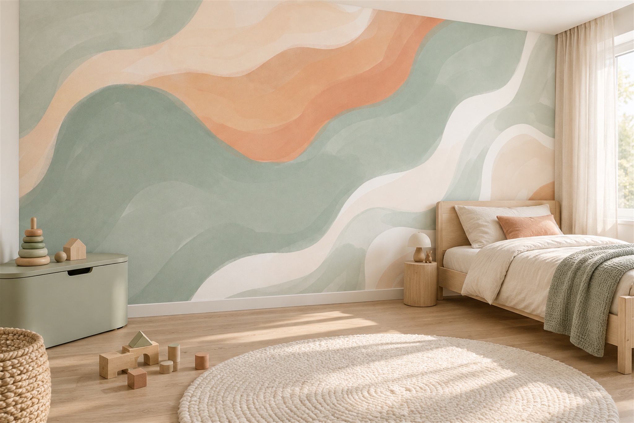 Sage Waves Artful Abstract Wallpaper Mural Accent-wall-wallpaper-murals, Peel-and-stick Finish