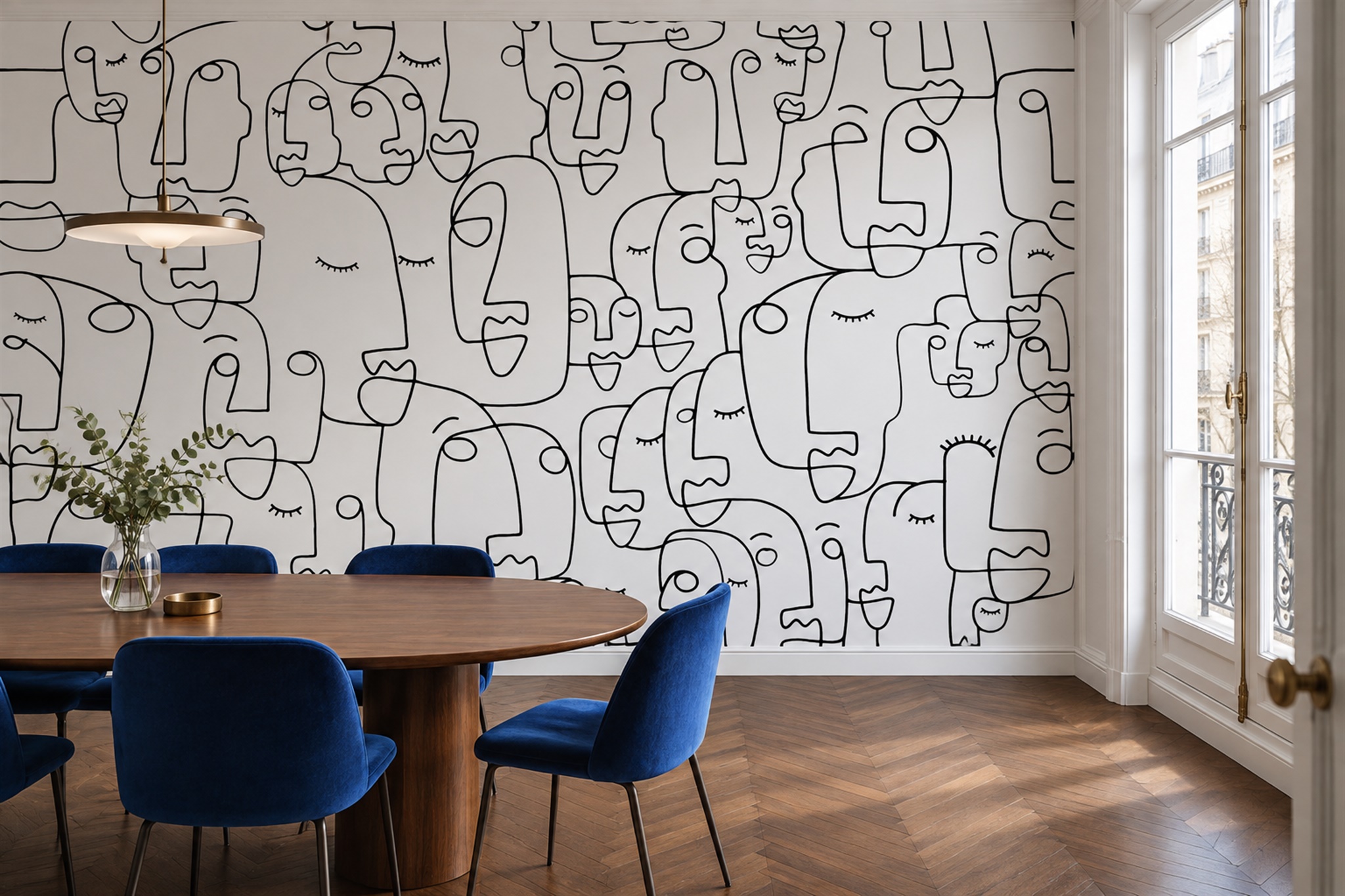 Black Pattern Decorative Layered Wallpaper Mural Dining-room-wallpaper-murals, Shown In A Dining Room, Peel-and-stick Finish