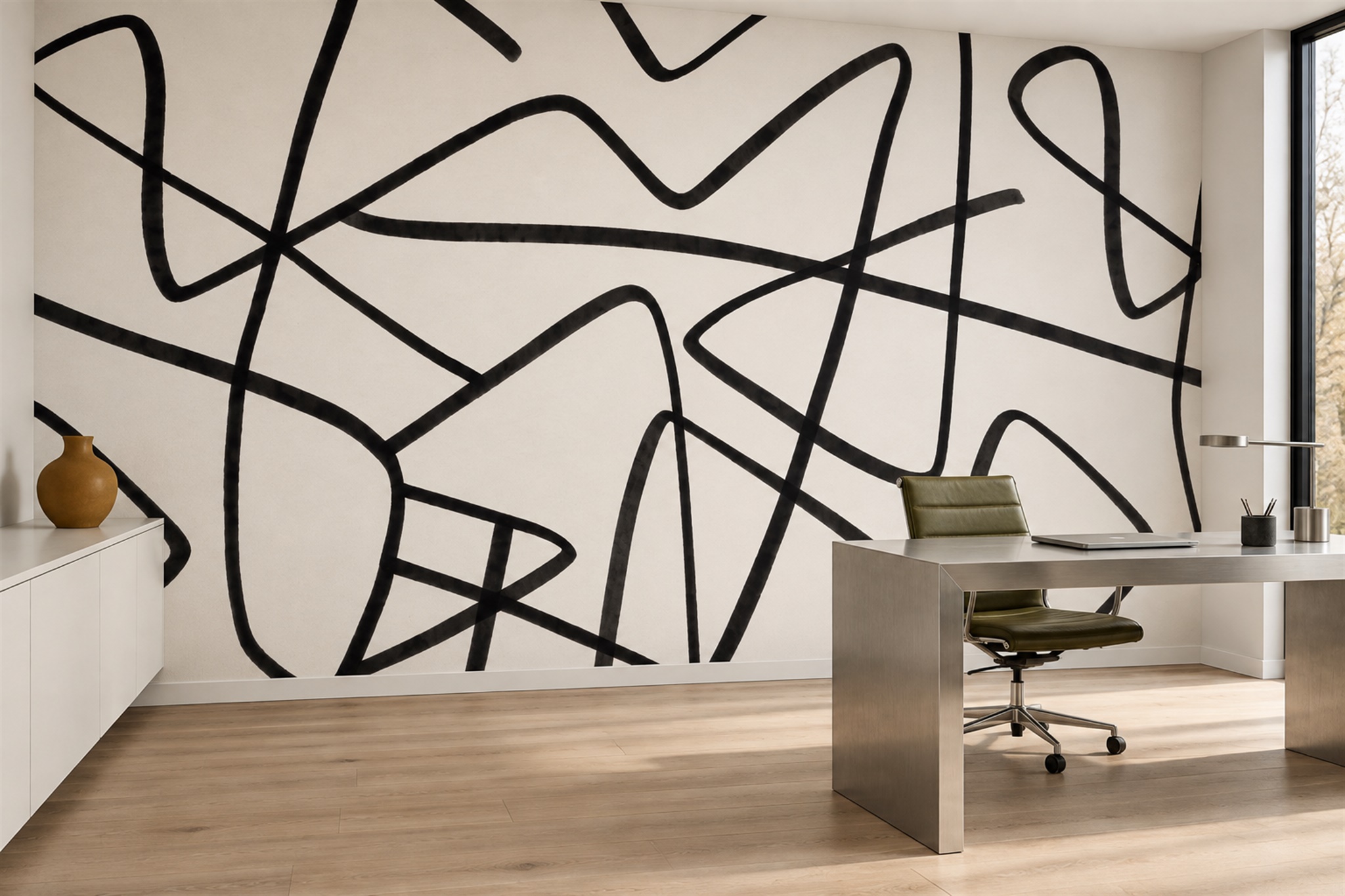 Black Linear Abstract Wallpaper Mural Home-office-wallpaper-murals, Peel-and-stick Finish