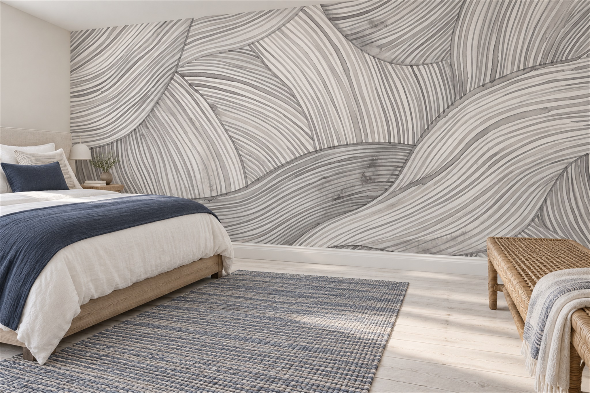 Grey Flowing Linear Wave Texture Wallpaper Mural — Installed Wallpaper Mural In A Bedroom, Peel-and-stick Finish