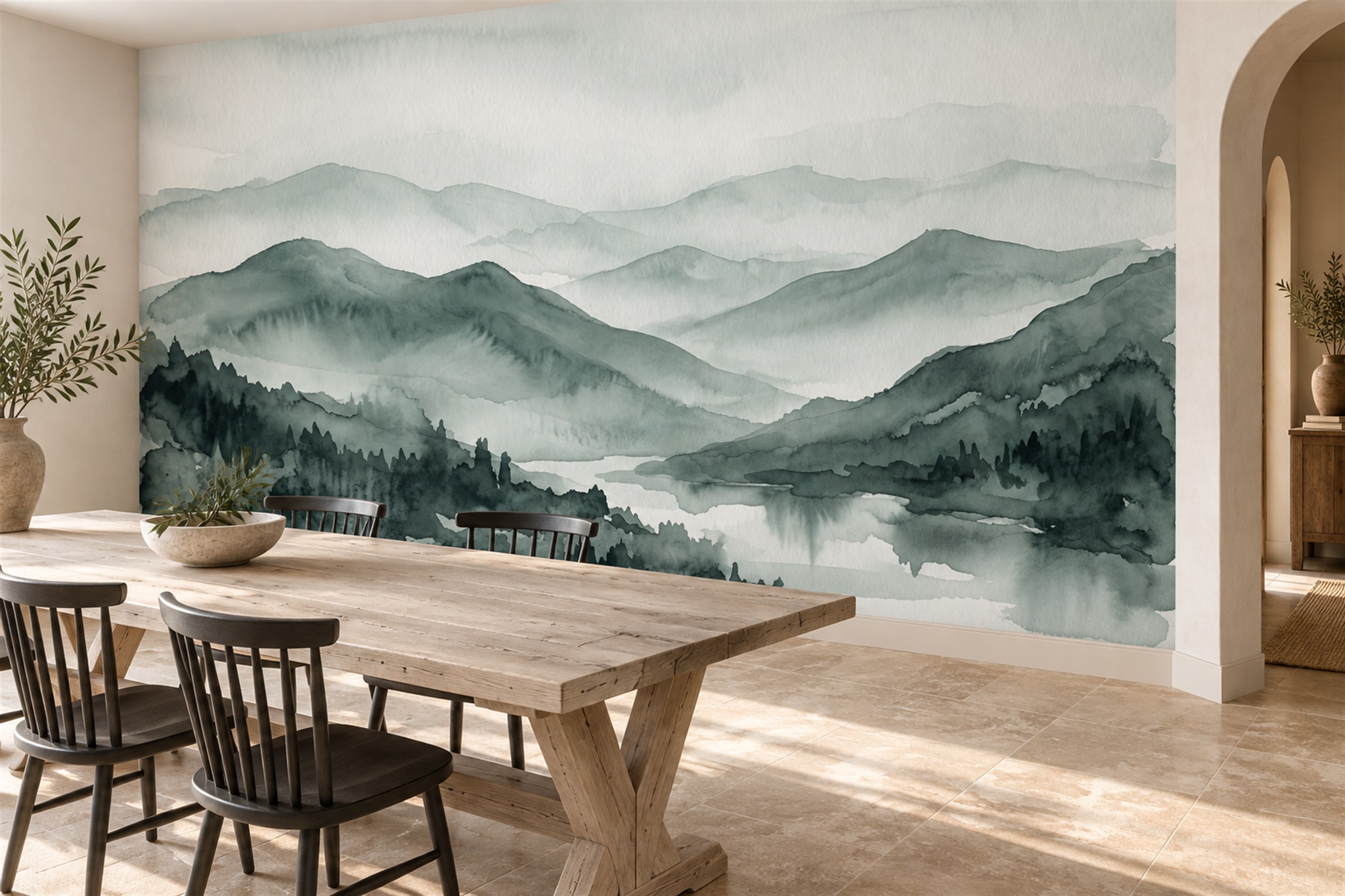 Green Mountain Scenic Wallpaper Mural Dining-room-wallpaper-murals, Peel-and-stick Finish