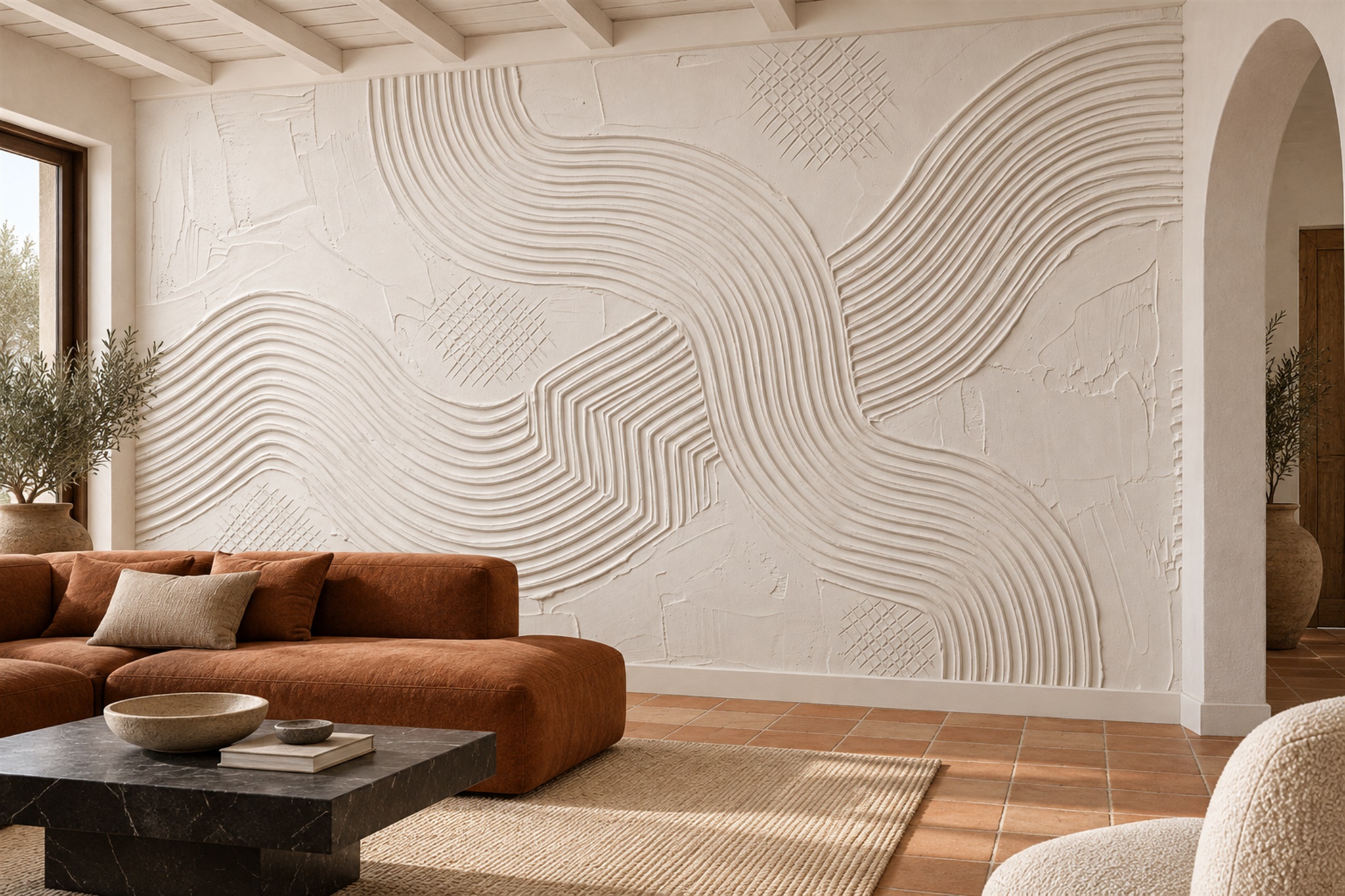 Ivory Raised Wave Line Texture Wallpaper Mural — Wallpaper Mural Design, Peel-and-stick Finish