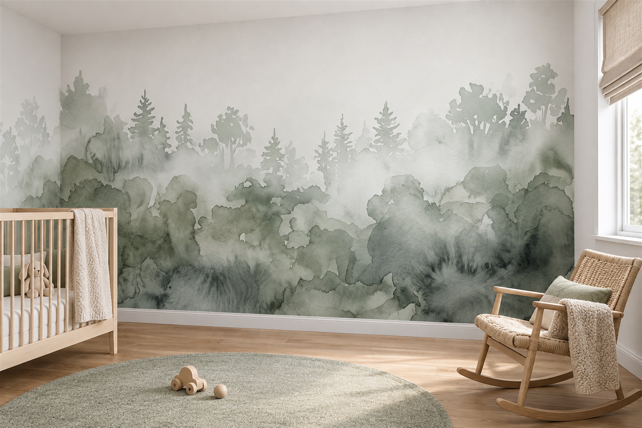 Sage Watercolour Forest In Morning Mist Wallpaper Mural — Installed Wallpaper Mural In A Nursery, Peel-and-stick Finish