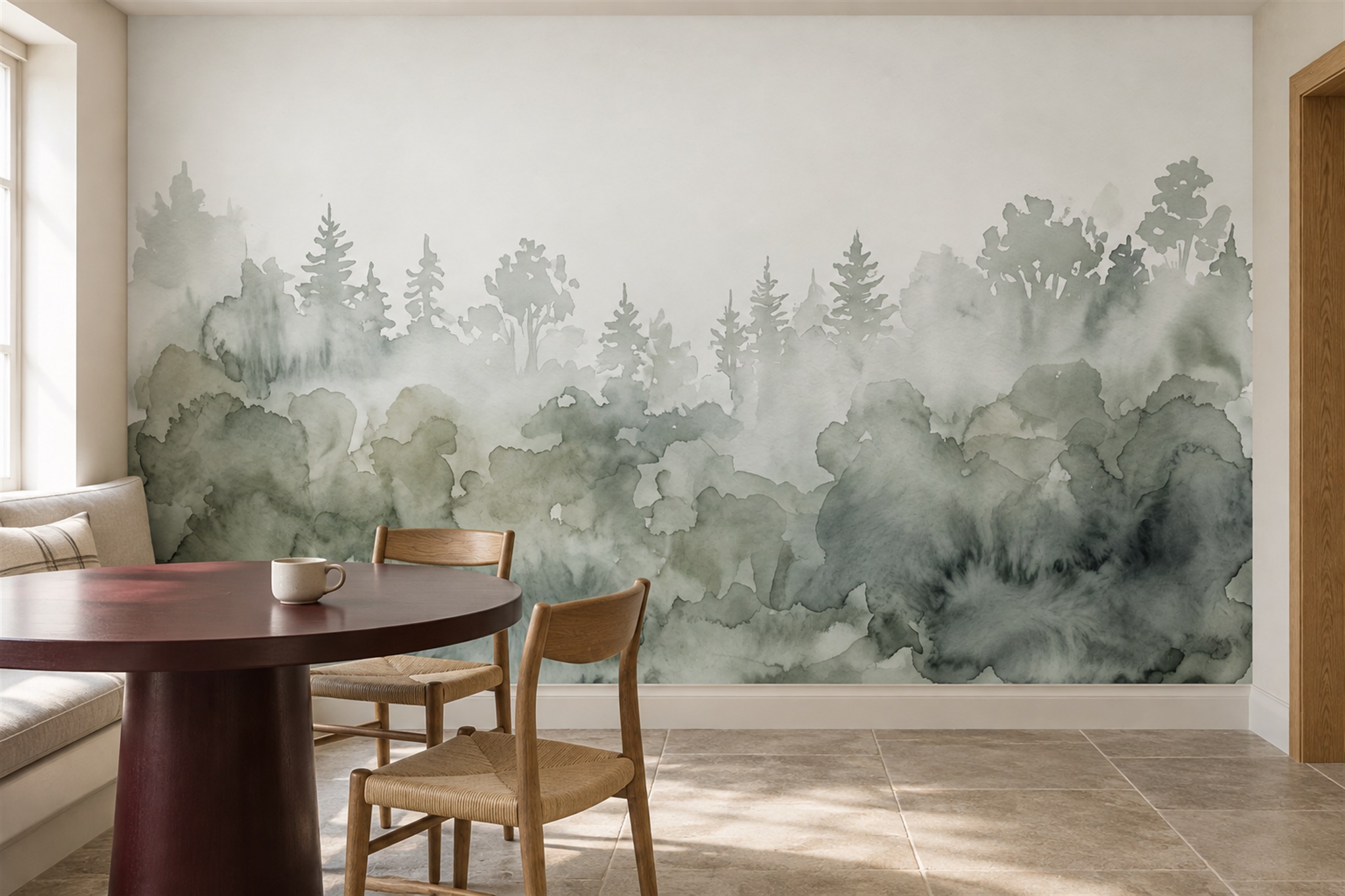 Sage Scenic Scenic Atmospheric Wallpaper Mural Dining-room-wallpaper-murals, Shown In A Dining Room, Peel-and-stick Finish