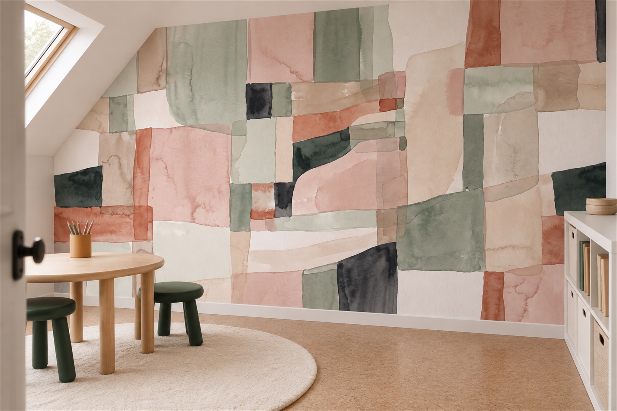 Peach Pattern Decorative Wallpaper Mural Layered Forms Wallpaper Mural Home-office-wallpaper-murals, Shown In A Home Office, Peel-and-stick Finish