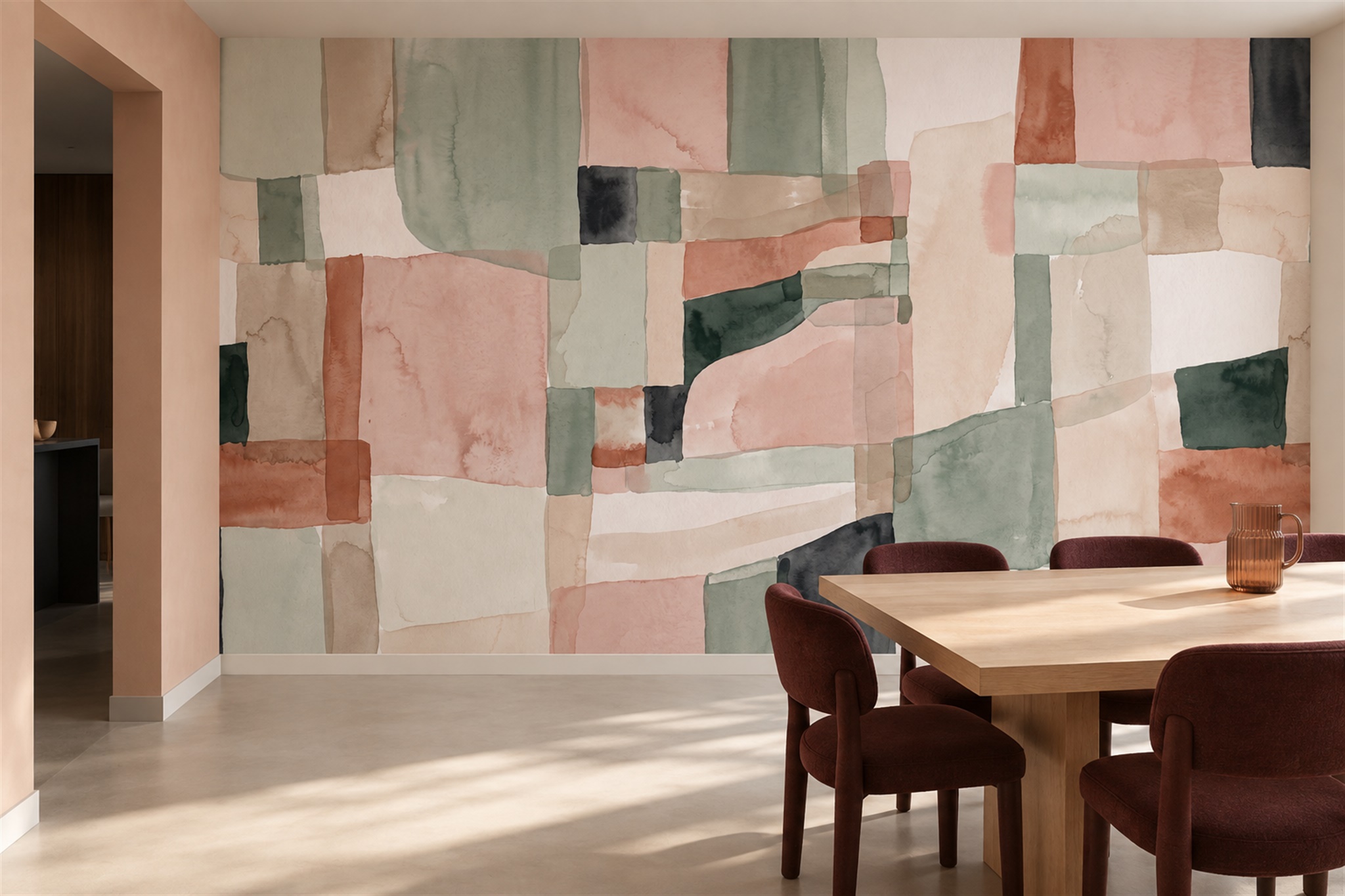 Peach Pattern Decorative Wallpaper Mural Layered Forms Wallpaper Mural Bedroom-wallpaper-murals, Peel-and-stick Finish