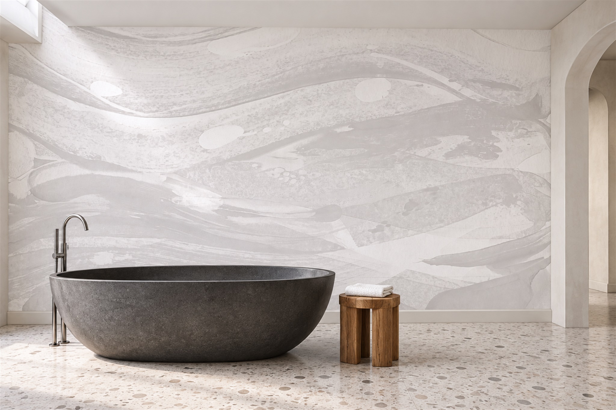 Soft White Flowing Wave Abstract Wallpaper Mural — Wallpaper Mural Design, Peel-and-stick Finish