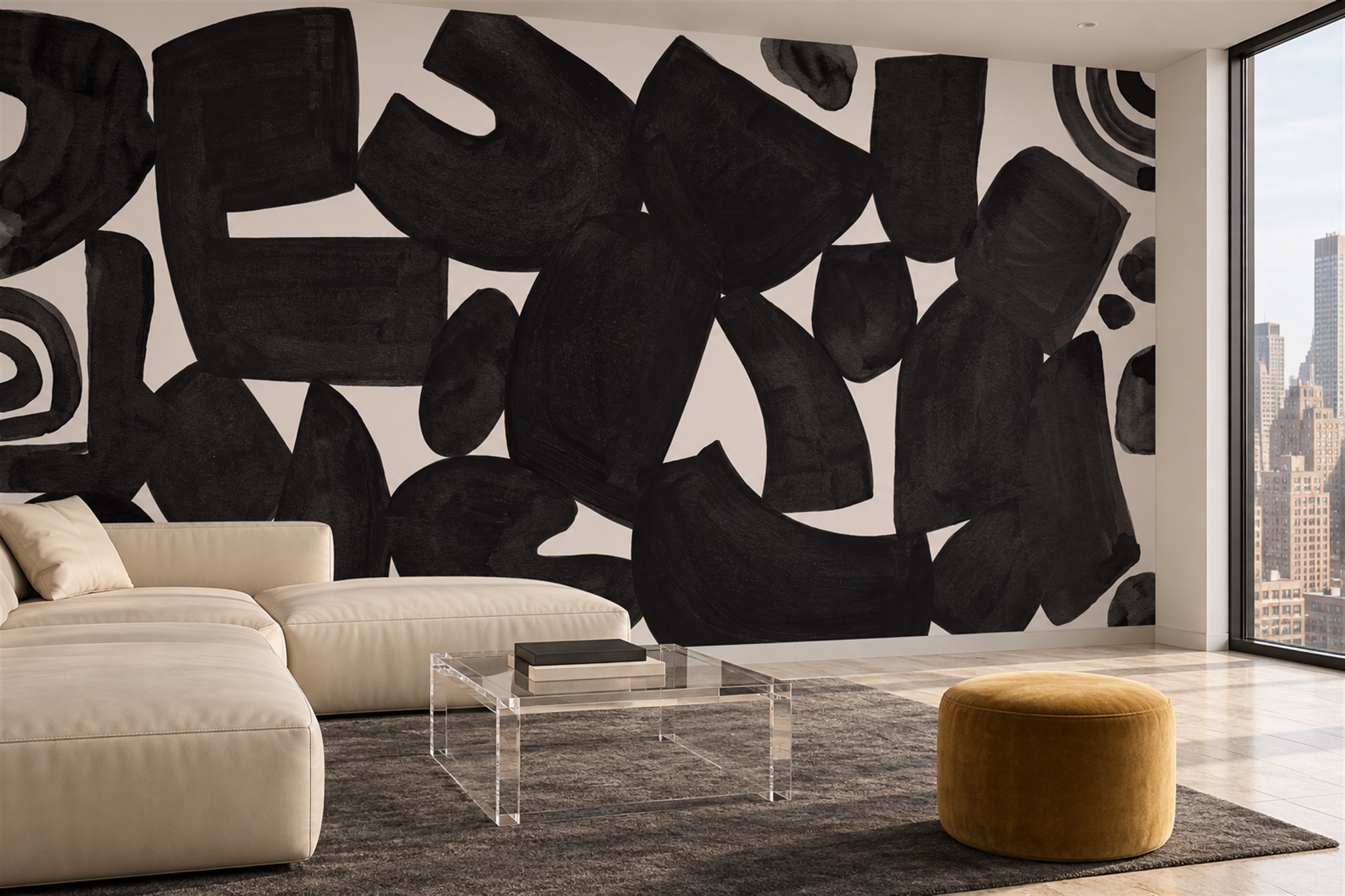 Black Shaped Abstract Wallpaper Mural Accent-wall-wallpaper-murals, Peel-and-stick Finish