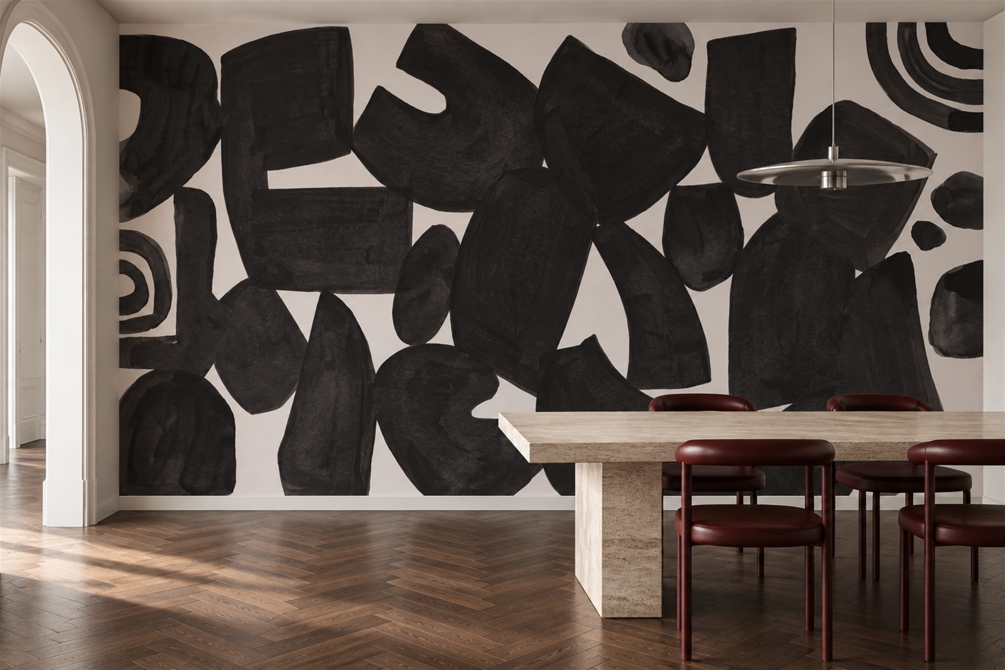 Black Shaped Abstract Wallpaper Mural Dining-room-wallpaper-murals, Shown In A Dining Room, Peel-and-stick Finish