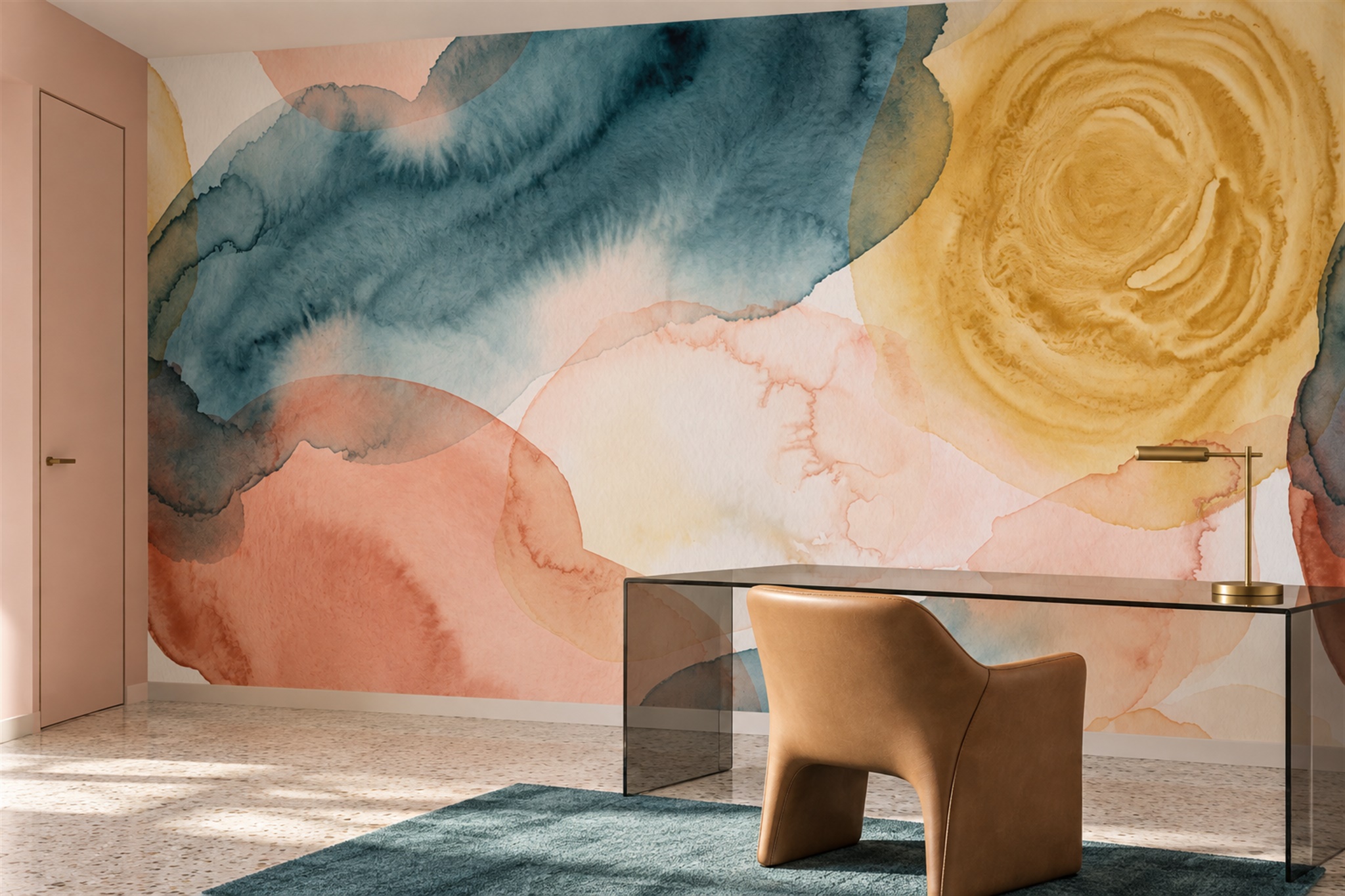 Teal Watercolour Artful Wallpaper Mural Home-office-wallpaper-murals, Peel-and-stick Finish