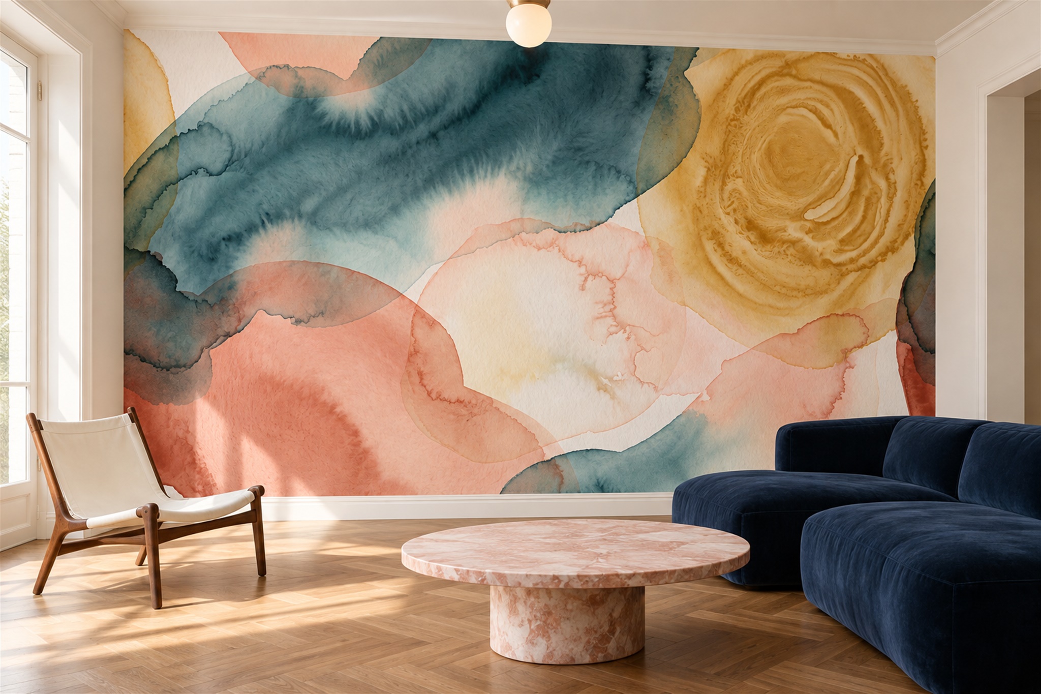 Teal Watercolour Artful Wallpaper Mural Feature-wall-wallpaper-murals, Peel-and-stick Finish