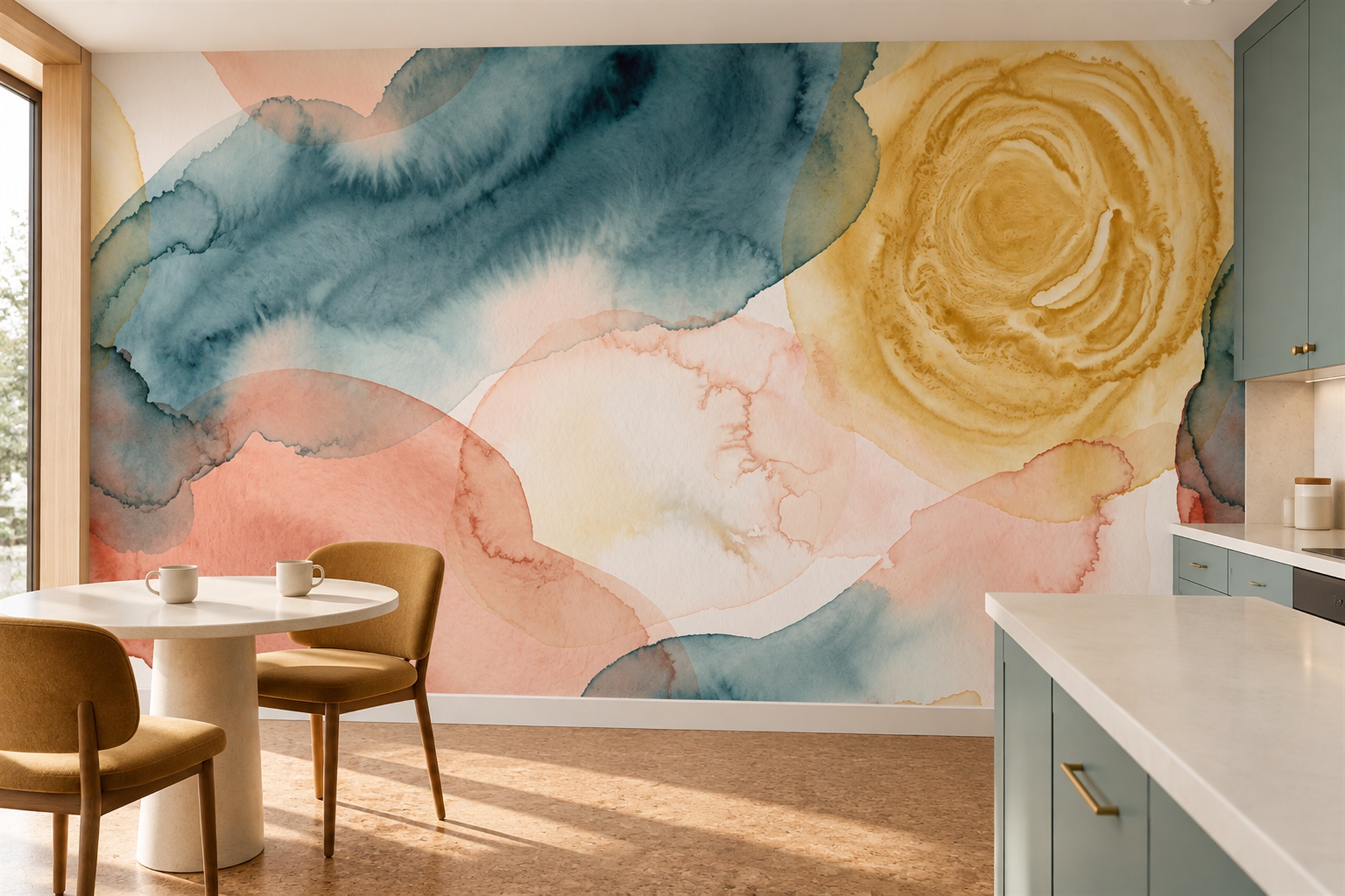 Teal Watercolour Artful Wallpaper Mural Home-office-wallpaper-murals, Peel-and-stick Finish
