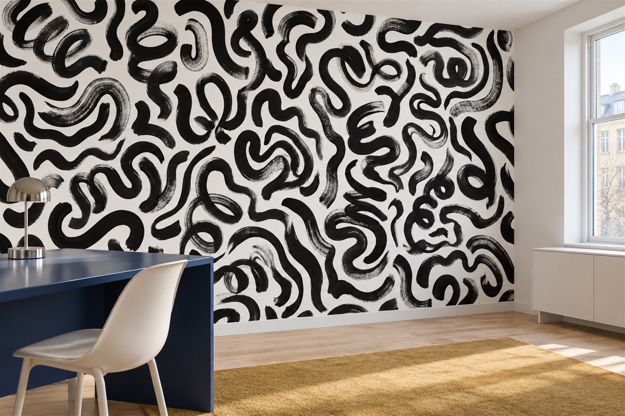Black Pattern Decorative Swirl Wallpaper Mural Home-office-wallpaper-murals, Shown In A Home Office, Peel-and-stick Finish