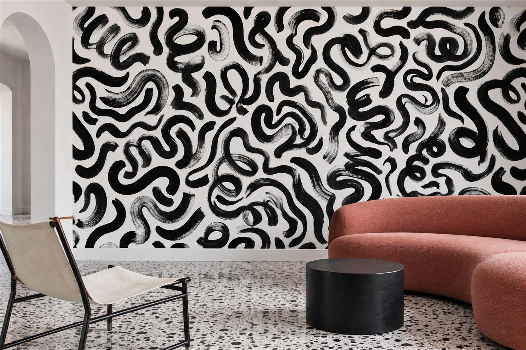 Black Pattern Decorative Swirl Wallpaper Mural Accent-wall-wallpaper-murals, Peel-and-stick Finish