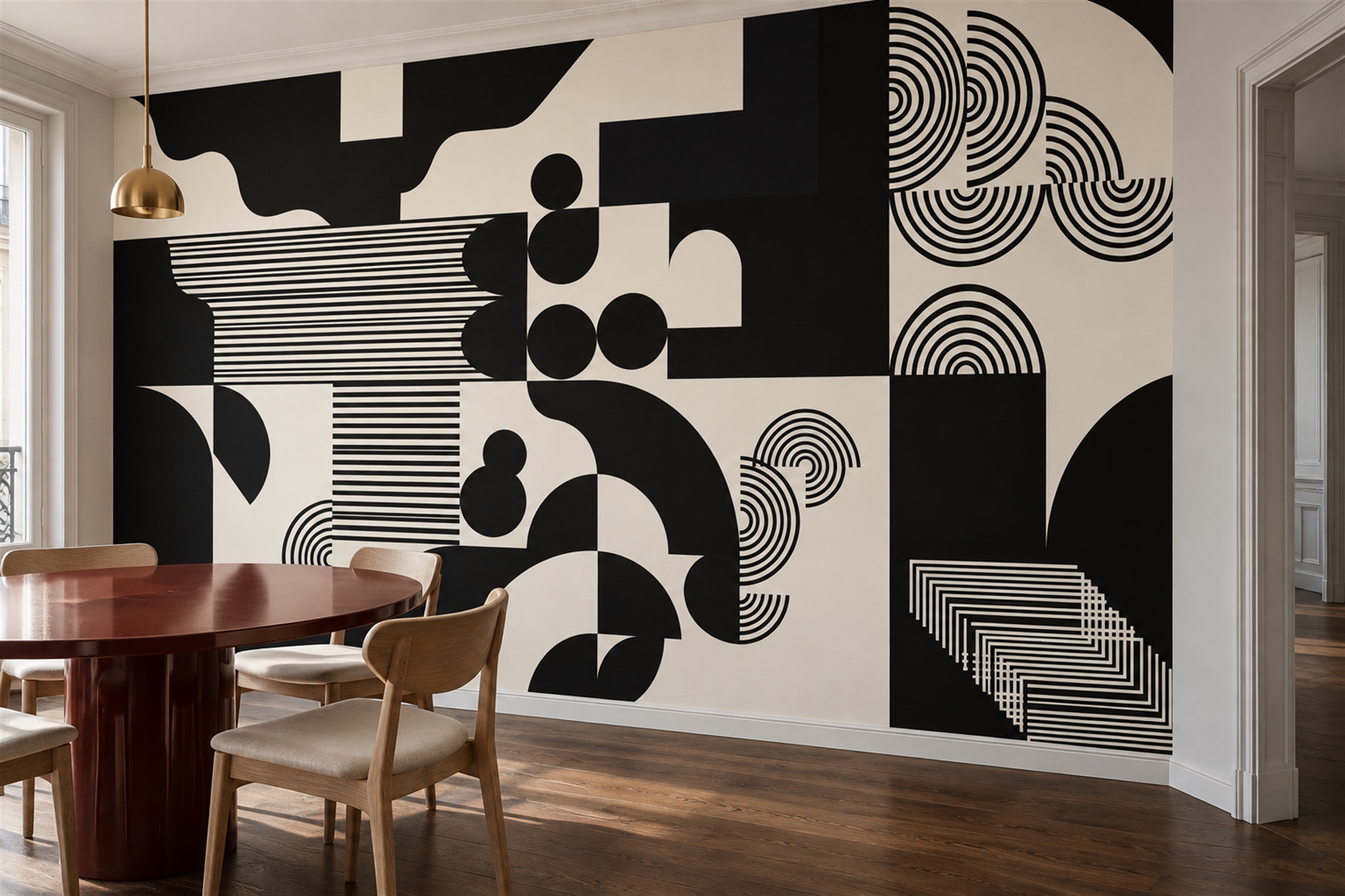 Black Geometric Abstract Decorative Wallpaper Mural Dining-room-wallpaper-murals, Shown In A Dining Room, Peel-and-stick Finish