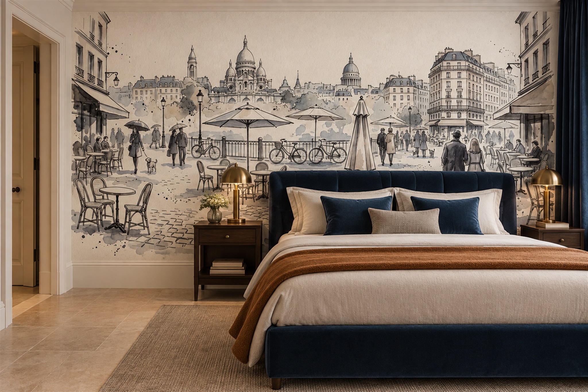 Grey Cityscape Wallpaper Mural, Shown In A Bedroom, Peel-and-stick Finish