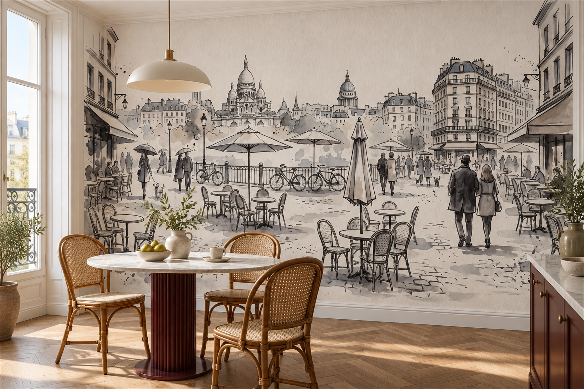 Paris Cafe Terrace And Basilica Ink Illustration Wallpaper Mural — Wallpaper Mural Design, Peel-and-stick Finish