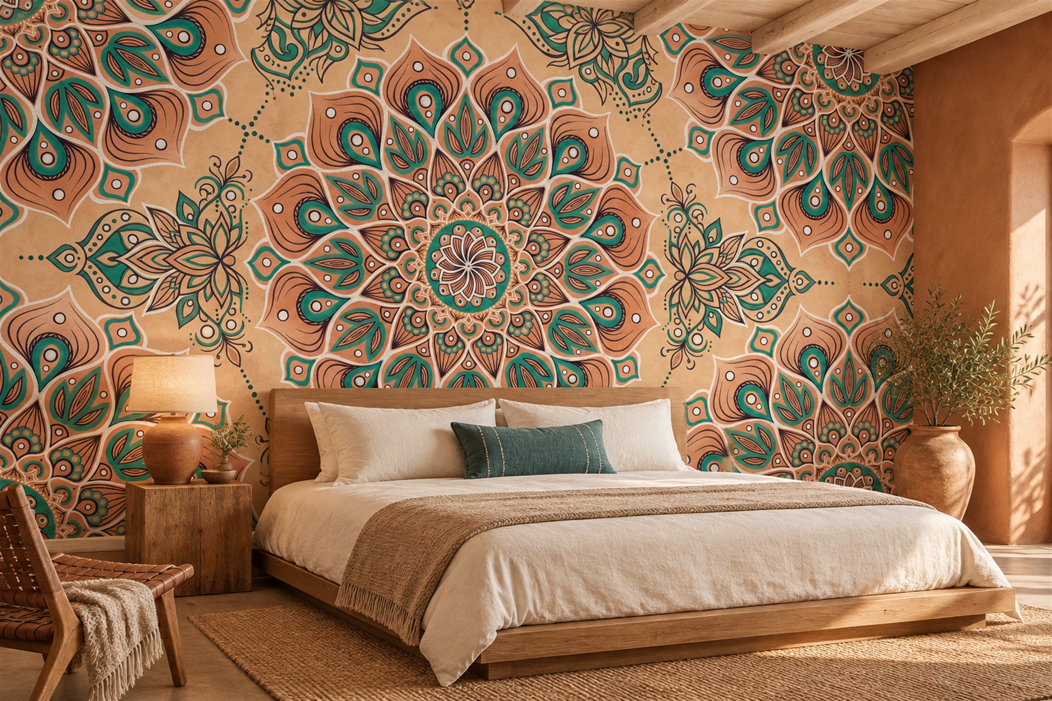 Teal And Terracotta Ornamental Mandala Wallpaper Mural — Installed Wallpaper Mural In A Bedroom, Peel-and-stick Finish