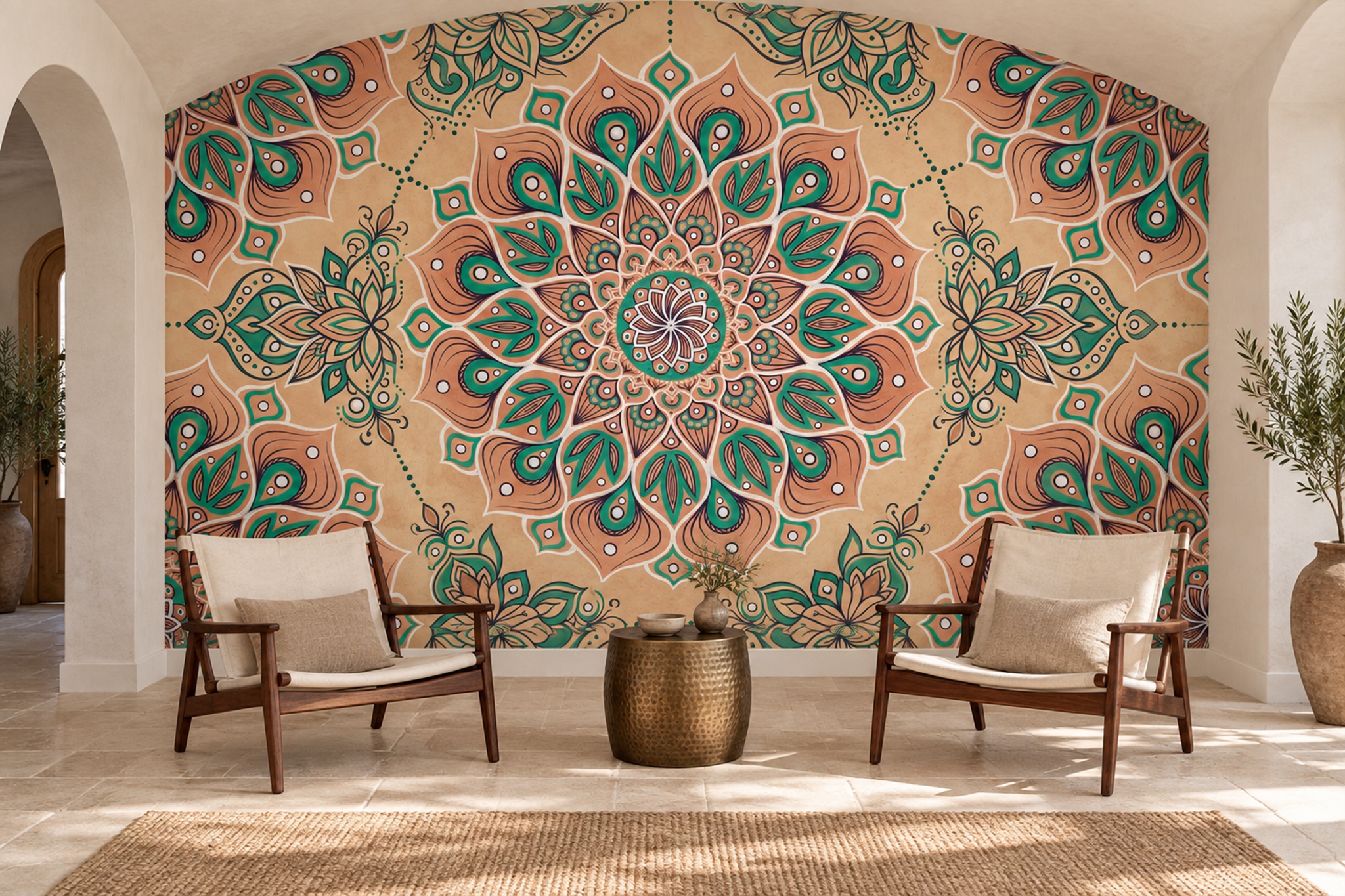 Teal Pattern Decorative Wallpaper Mural Layered Marks Wallpaper Mural Accent-wall-wallpaper-murals, Peel-and-stick Finish