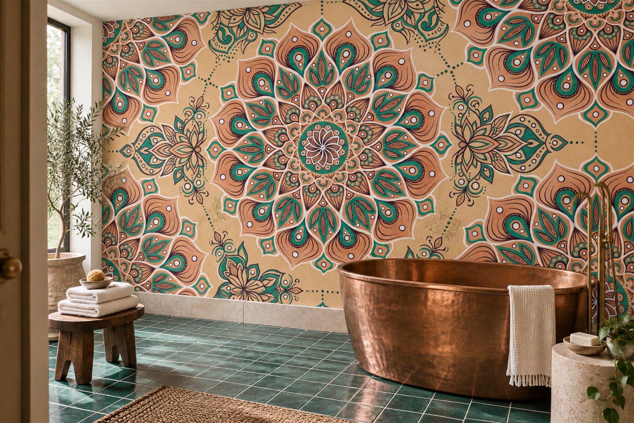Teal Pattern Decorative Wallpaper Mural Layered Marks Wallpaper Mural Bathroom-wallpaper-murals, Peel-and-stick Finish
