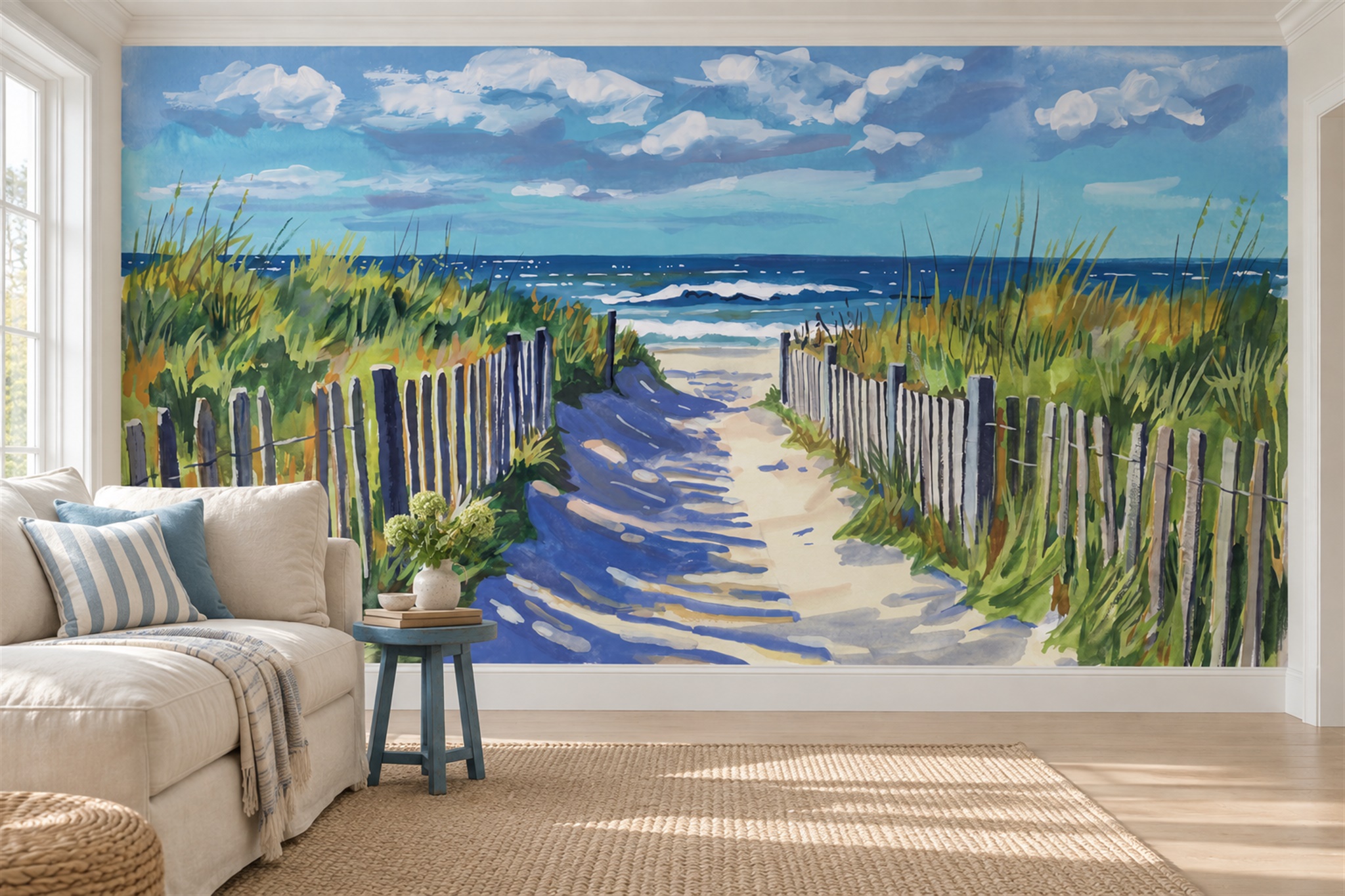 Blue Beach Scenic Decorative Wallpaper Mural Living-room-wallpaper-murals, Shown In A Living Room, Peel-and-stick Finish