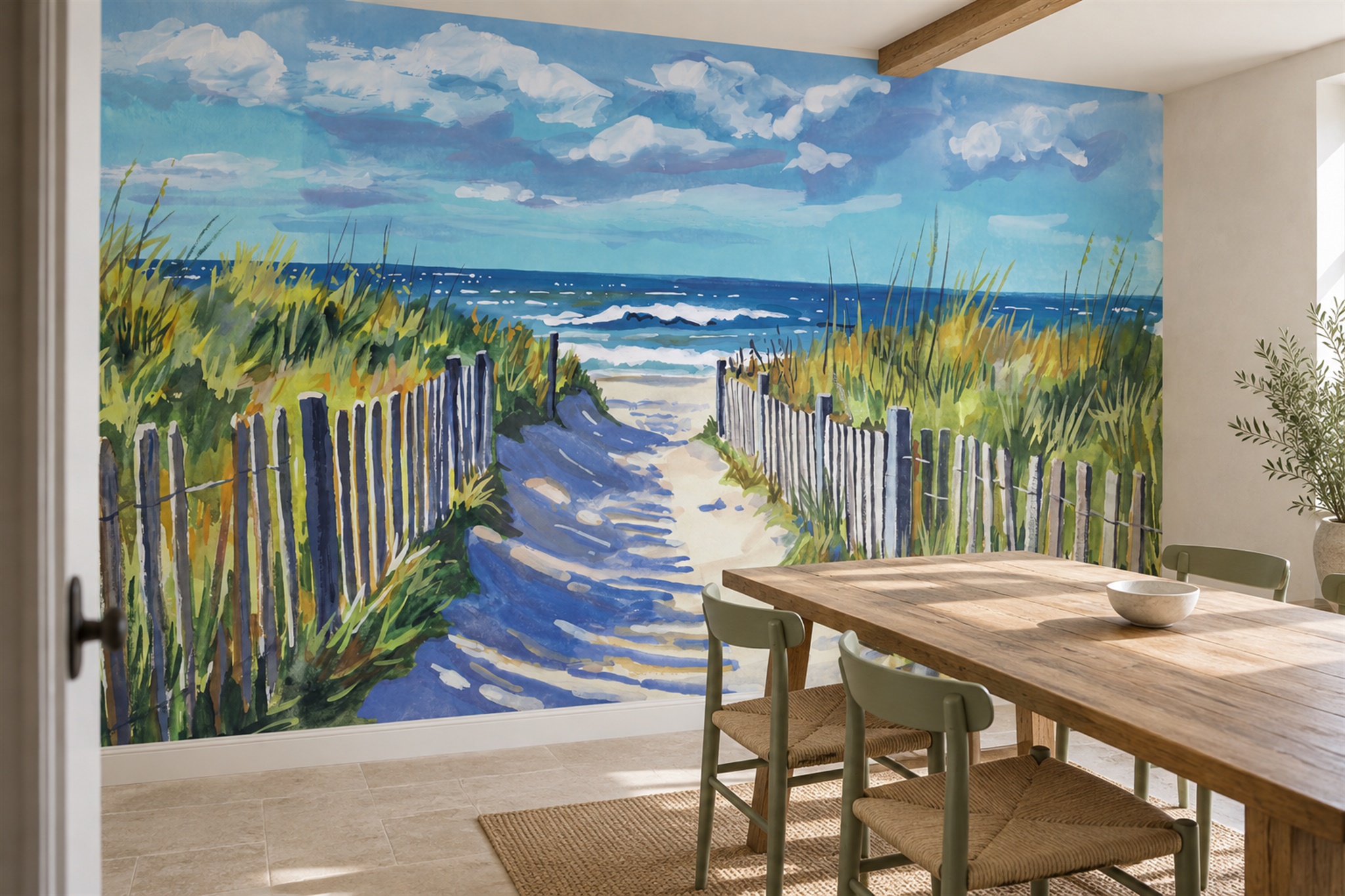 Blue Beach Scenic Decorative Wallpaper Mural Bedroom-wallpaper-murals, Peel-and-stick Finish