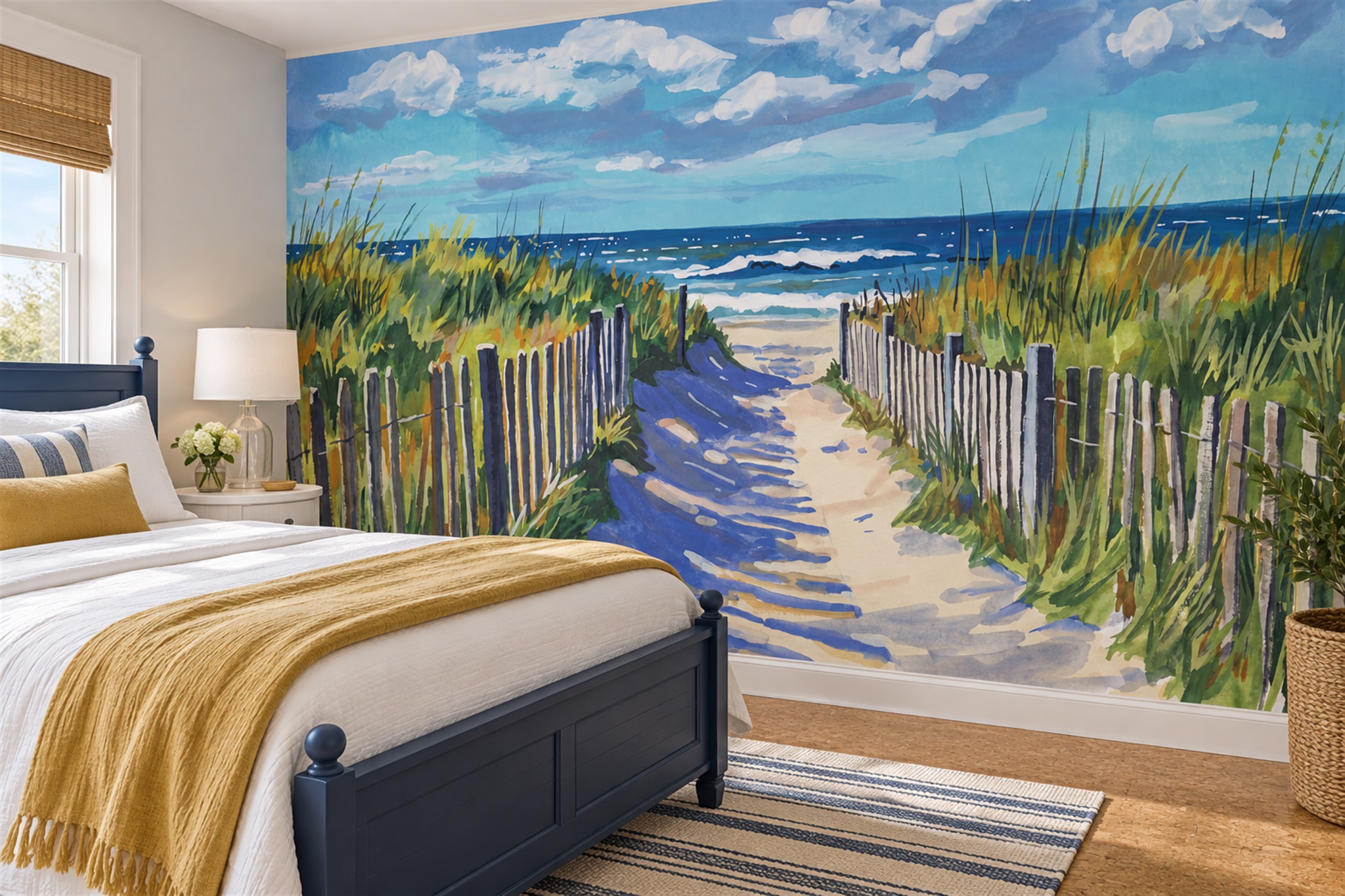 Blue Beach Scenic Decorative Wallpaper Mural Bedroom-wallpaper-murals, Peel-and-stick Finish