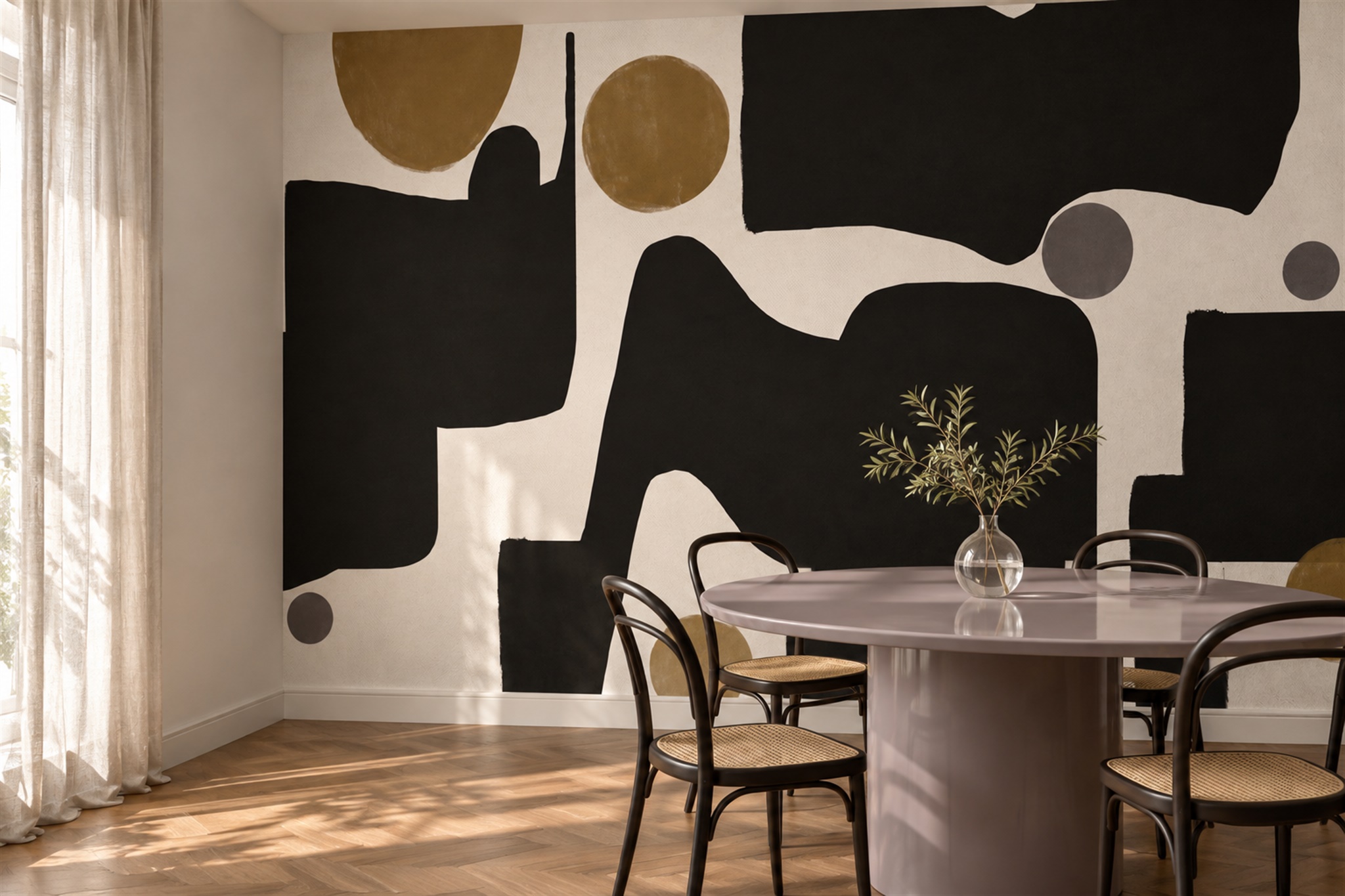 Black Shaped Abstract Decorative Wallpaper Mural Dining-room-wallpaper-murals, Shown In A Dining Room, Peel-and-stick Finish