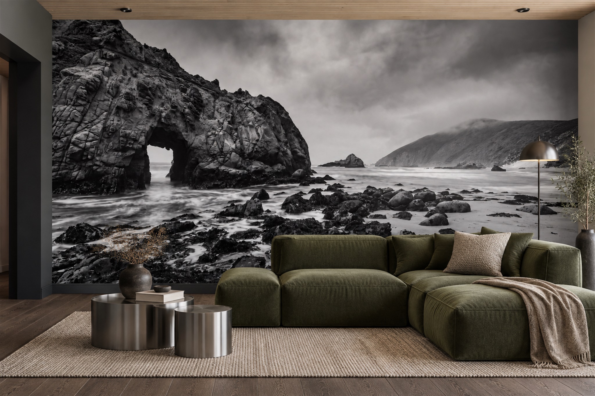 Grey Coastal Scenic Painterly Wallpaper Mural Living-room-wallpaper-murals, Shown In A Living Room, Peel-and-stick Finish