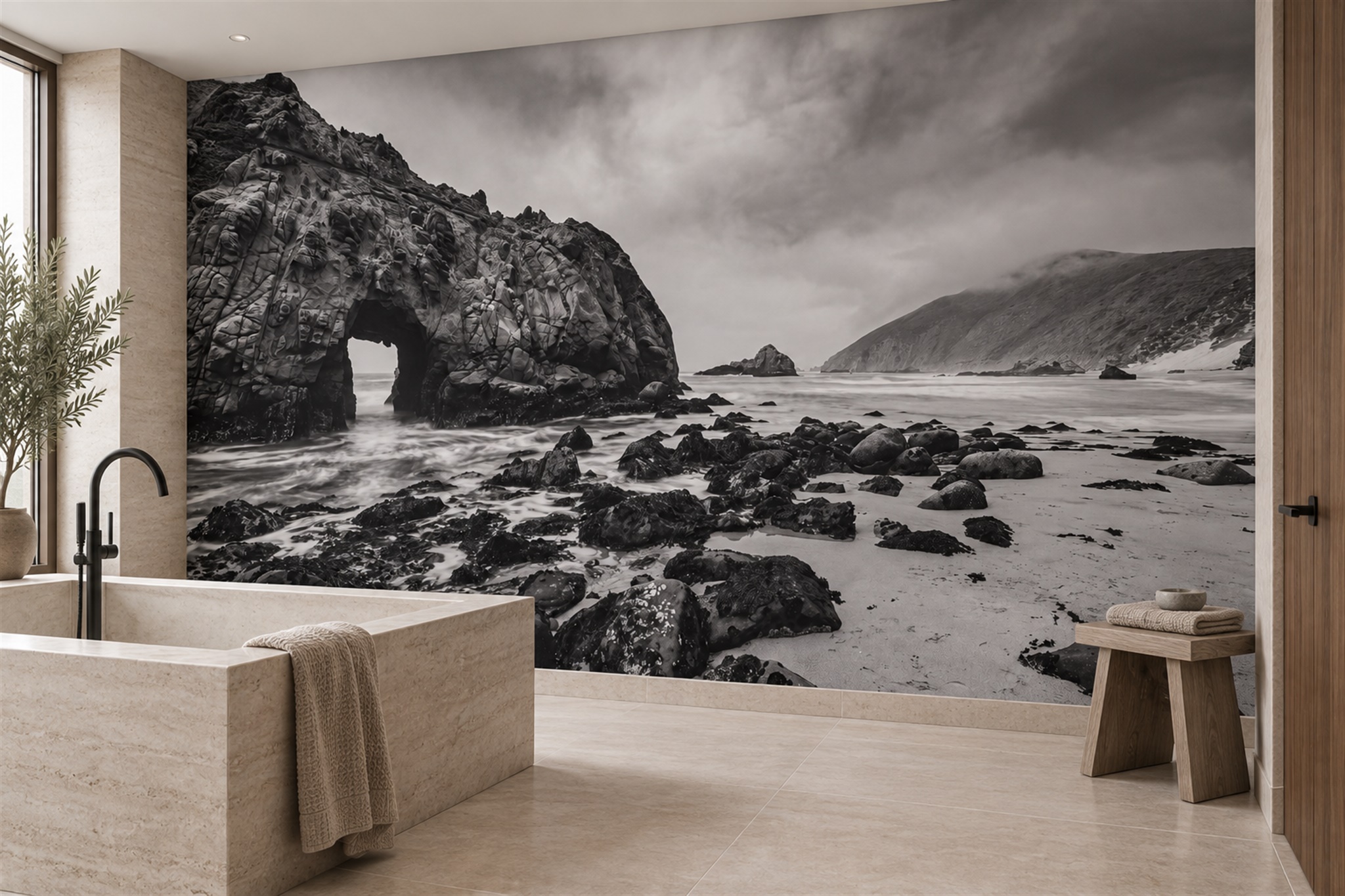Grey Coastal Scenic Painterly Wallpaper Mural Bathroom-wallpaper-murals, Peel-and-stick Finish