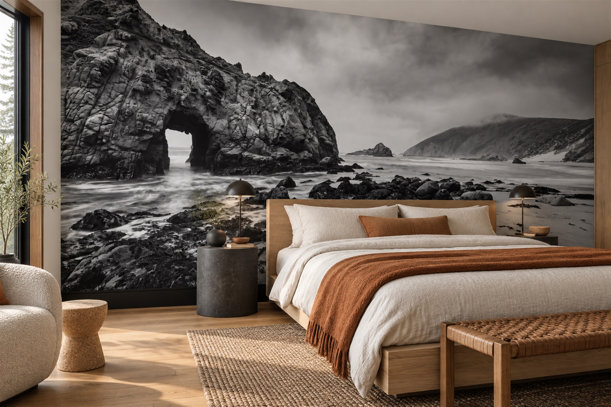Grey Coastal Scenic Painterly Wallpaper Mural Bedroom-wallpaper-murals, Peel-and-stick Finish
