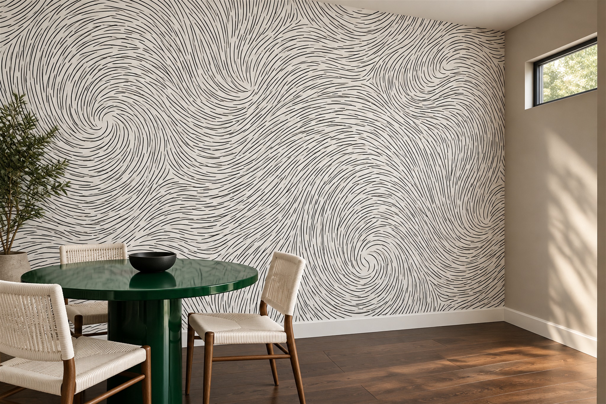 Grey Fluid Artful Wallpaper Mural Dining-room-wallpaper-murals, Shown In A Dining Room, Peel-and-stick Finish