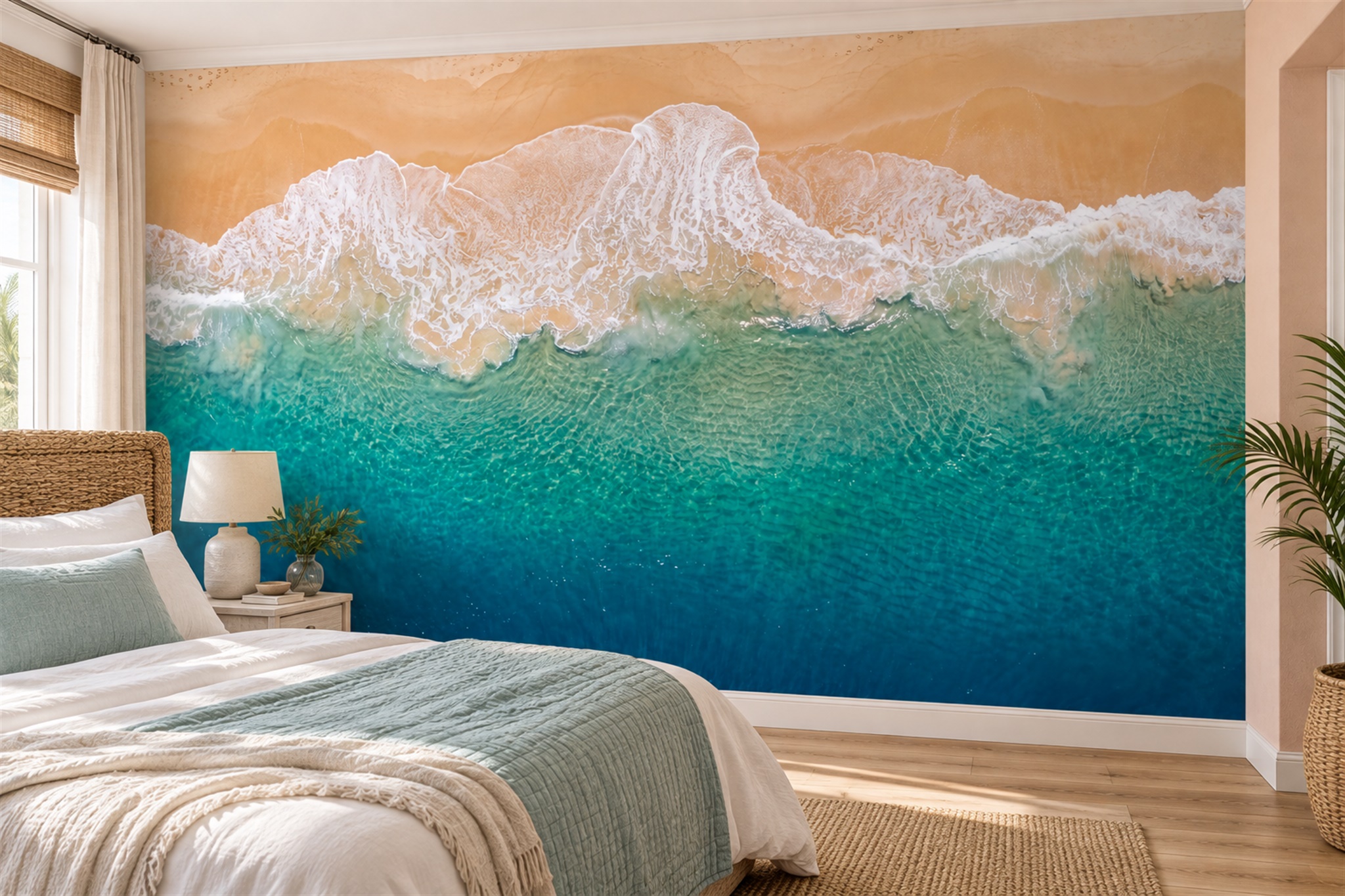 Teal Ocean Scenic Decorative Wallpaper Mural Bedroom-wallpaper-murals, Peel-and-stick Finish