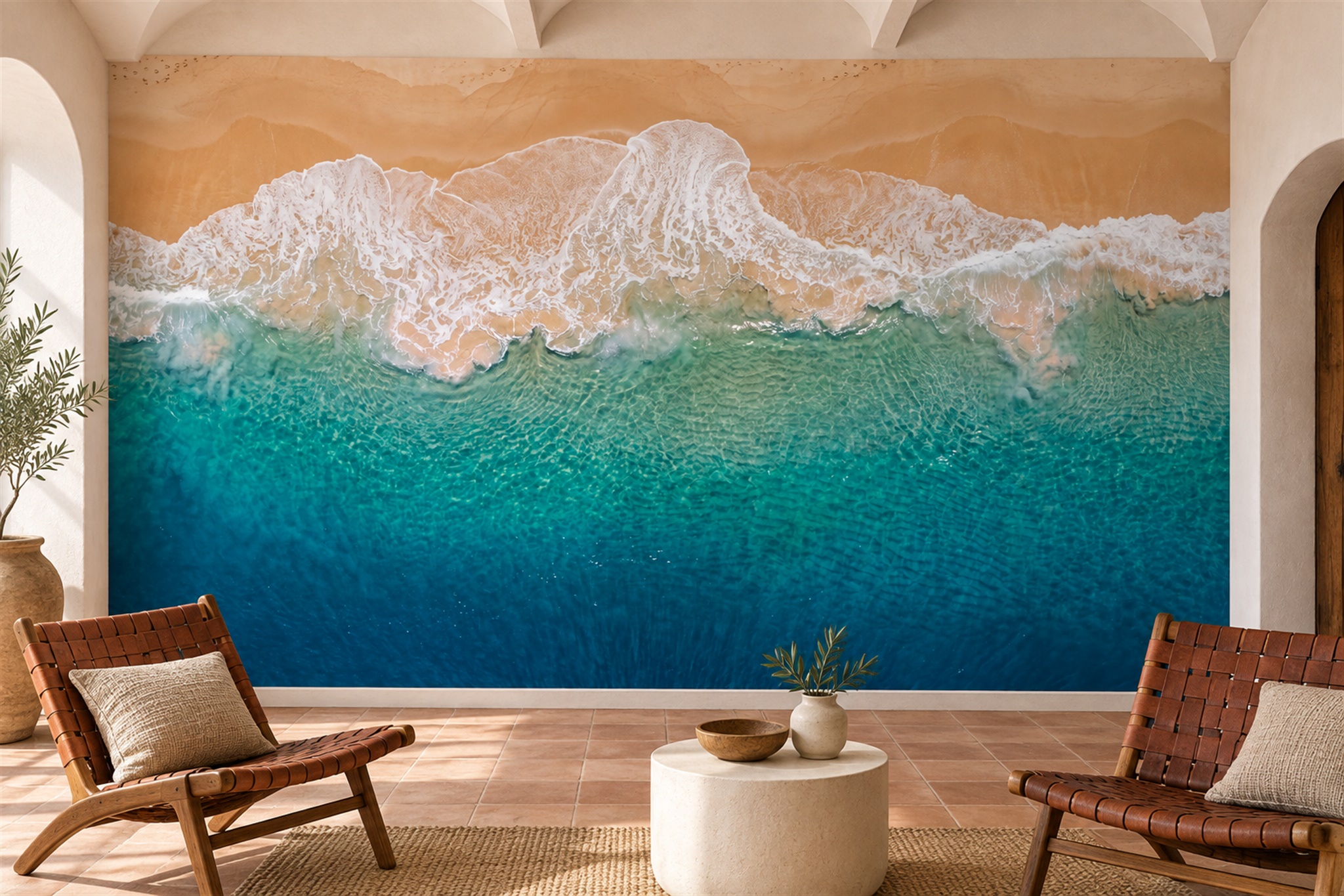 Teal Ocean Scenic Decorative Wallpaper Mural Living-room-wallpaper-murals, Peel-and-stick Finish