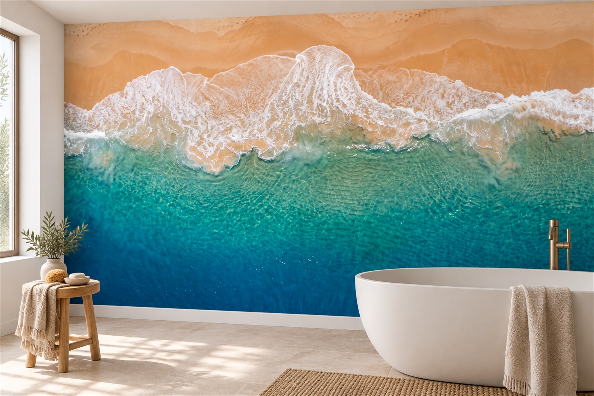 Teal Ocean Scenic Decorative Wallpaper Mural Living-room-wallpaper-murals, Peel-and-stick Finish
