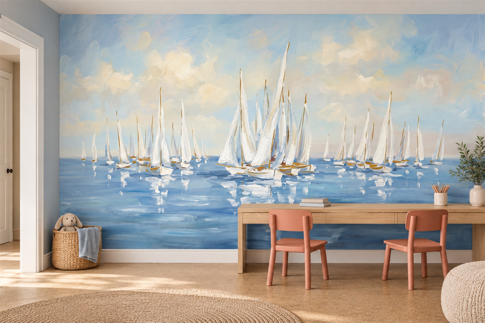 Blue Pattern Decorative Wallpaper Mural Layered Balanced Forms Wallpaper Home-office-wallpaper-murals, Shown In A Home Office, Peel-and-stick Finish