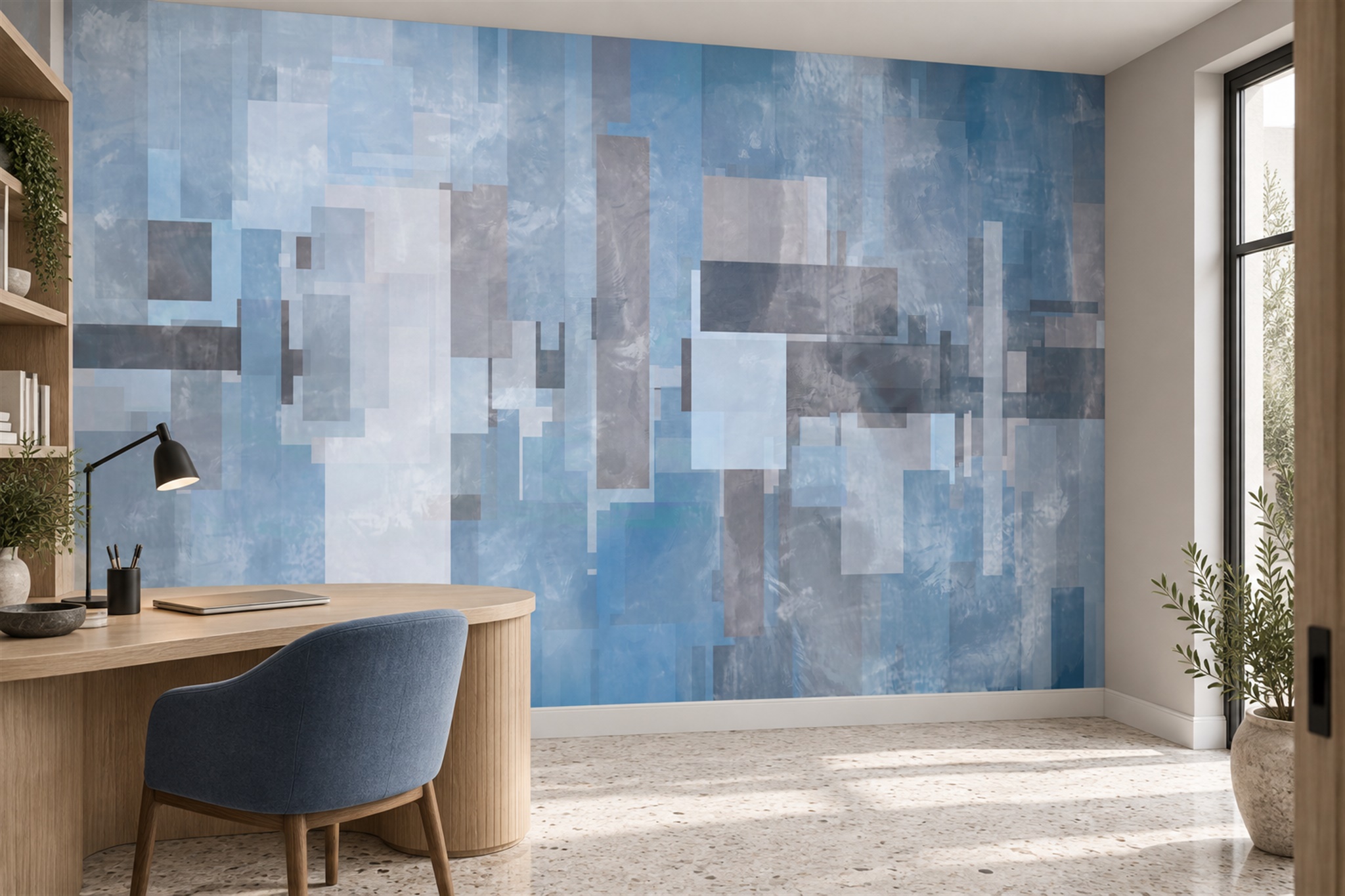 Soft Blue Grey Layered Block Abstract Wallpaper Mural — Wallpaper Mural Design, Peel-and-stick Finish