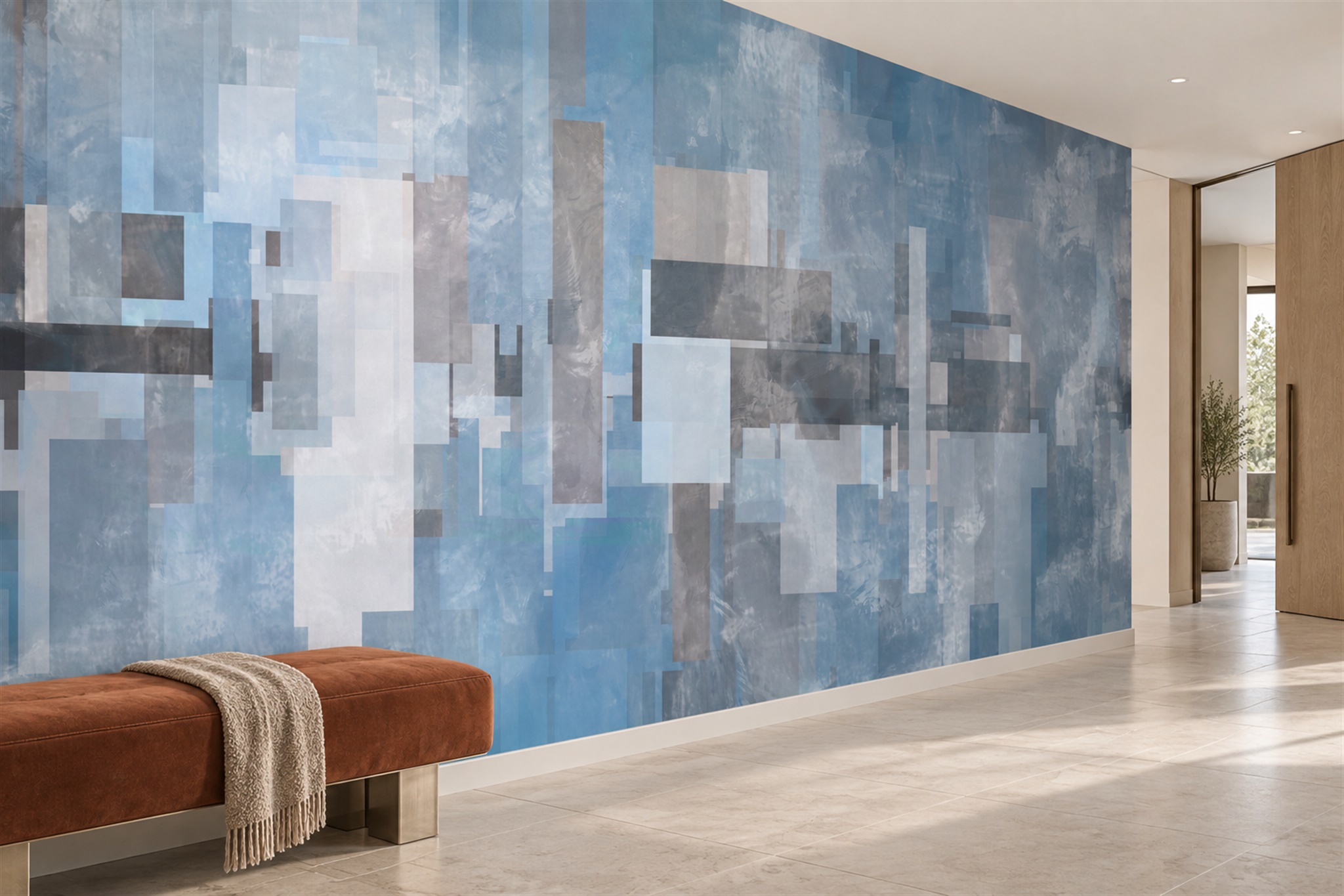 Blue Blocks Abstract Wallpaper Mural Hallway-wallpaper-murals, Peel-and-stick Finish