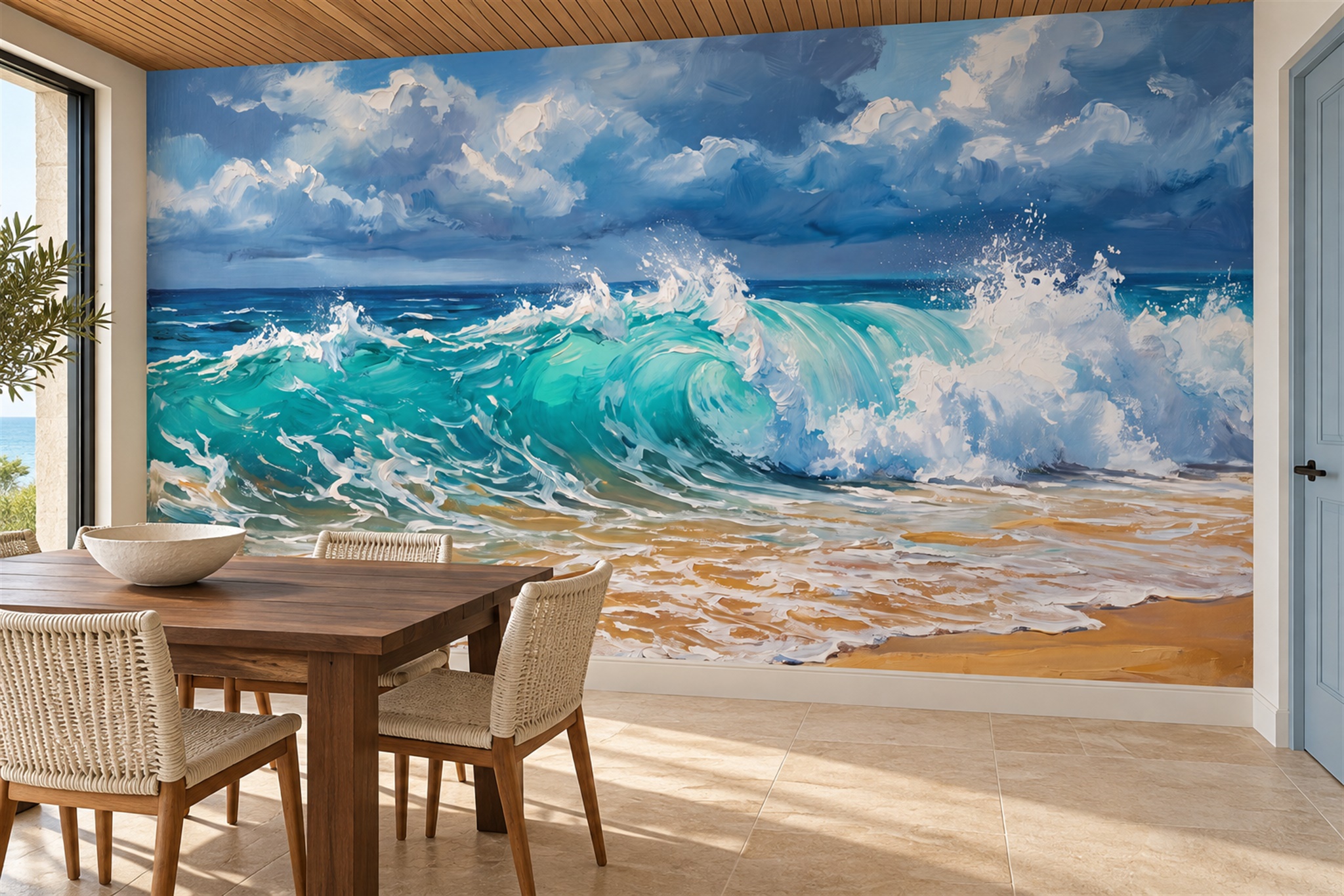 Teal Waves Artful Layered Wallpaper Mural Dining-room-wallpaper-murals, Peel-and-stick Finish