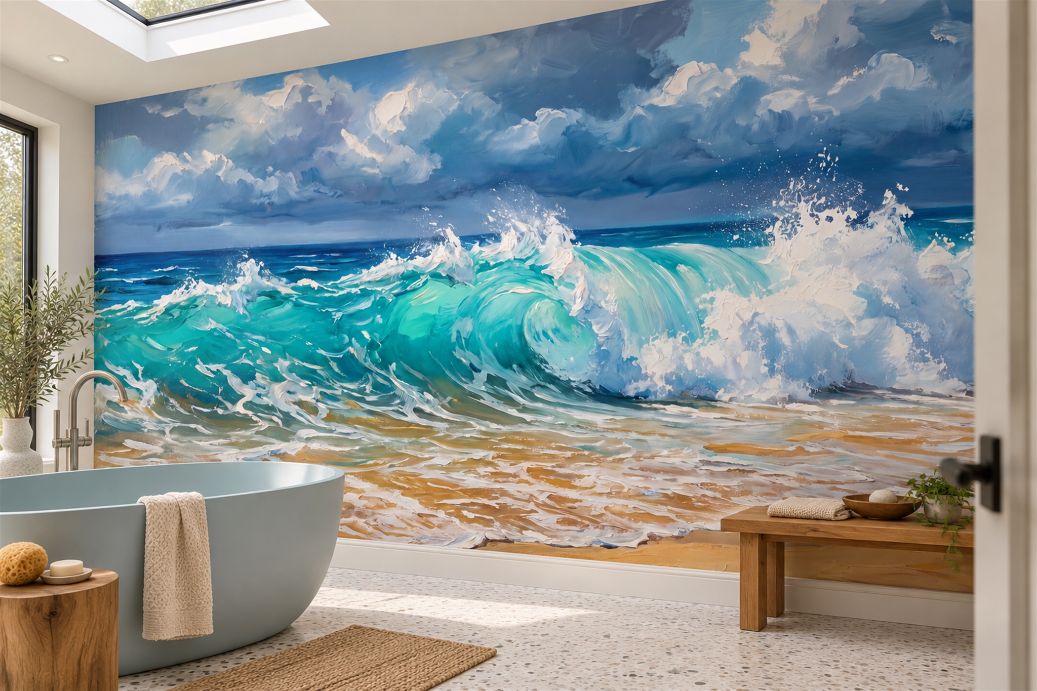 Teal Waves Artful Layered Wallpaper Mural Bathroom-wallpaper-murals, Peel-and-stick Finish