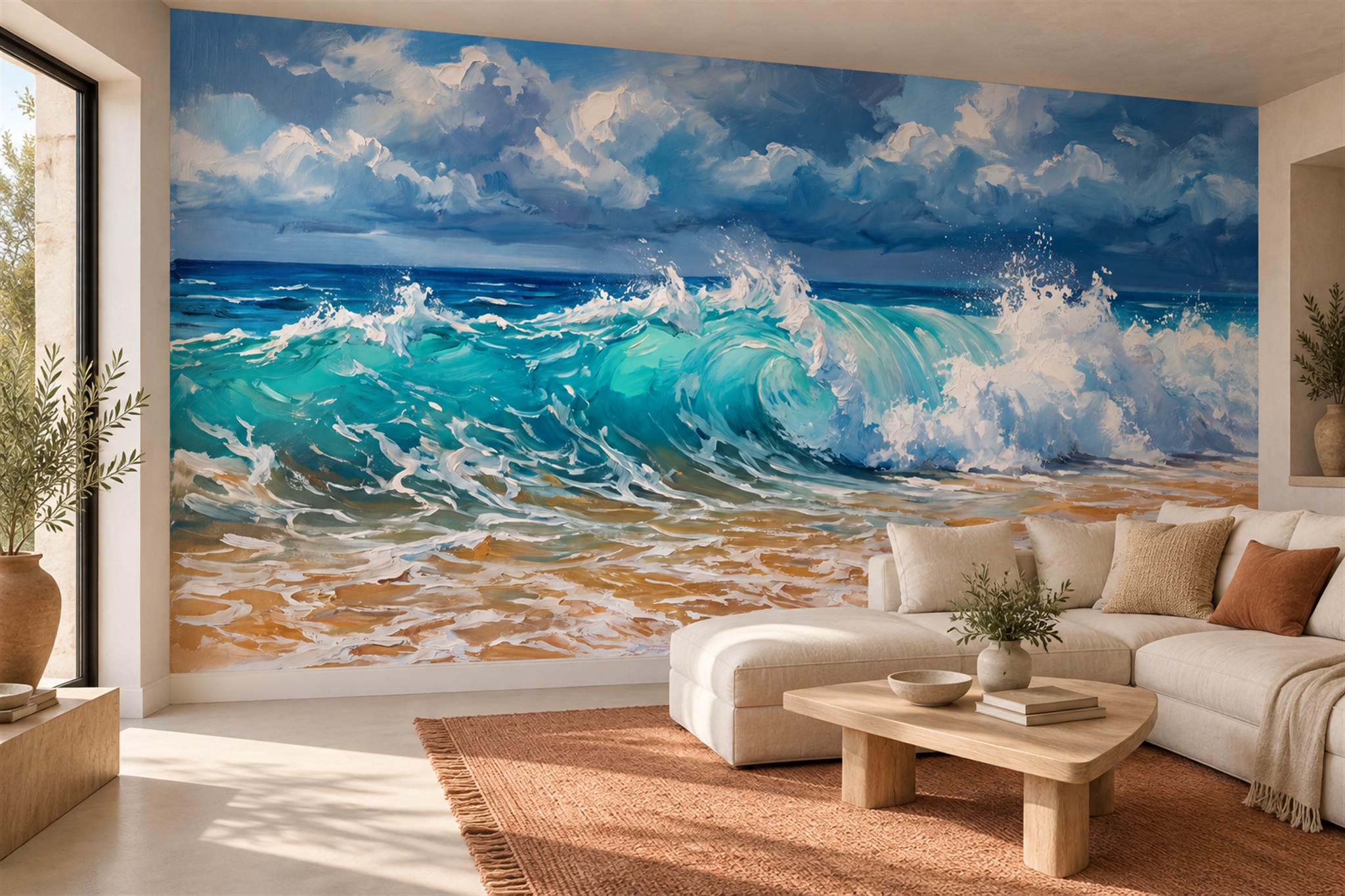 Teal Waves Artful Layered Wallpaper Mural Accent-wall-wallpaper-murals, Peel-and-stick Finish