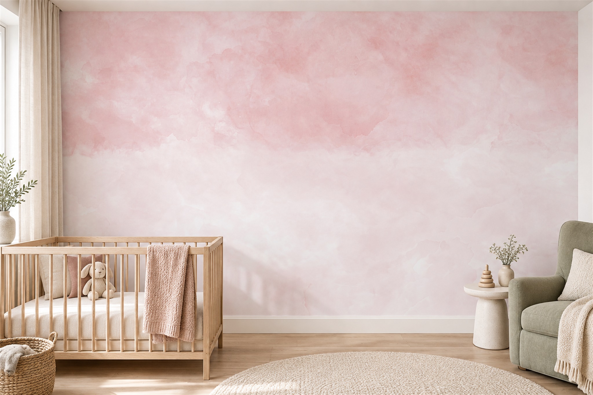 Soft Blush Pink Watercolour Texture Wallpaper Mural — Installed Wallpaper Mural In A Nursery, Peel-and-stick Finish