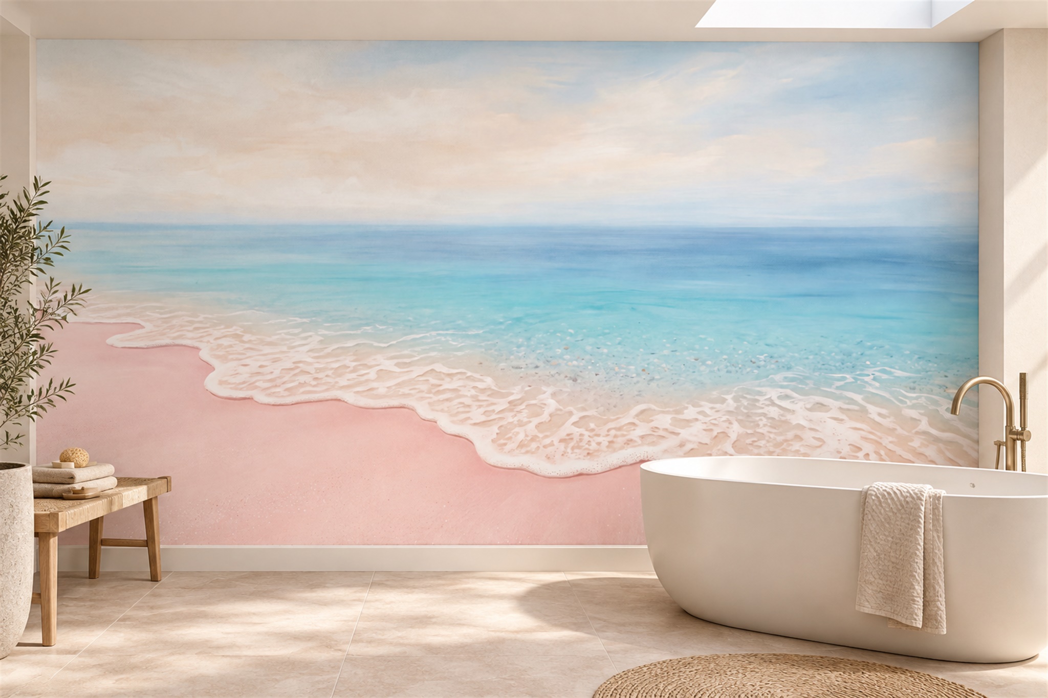 Pink Beach Scenic Watercolour Wallpaper Mural Bathroom-wallpaper-murals, Peel-and-stick Finish