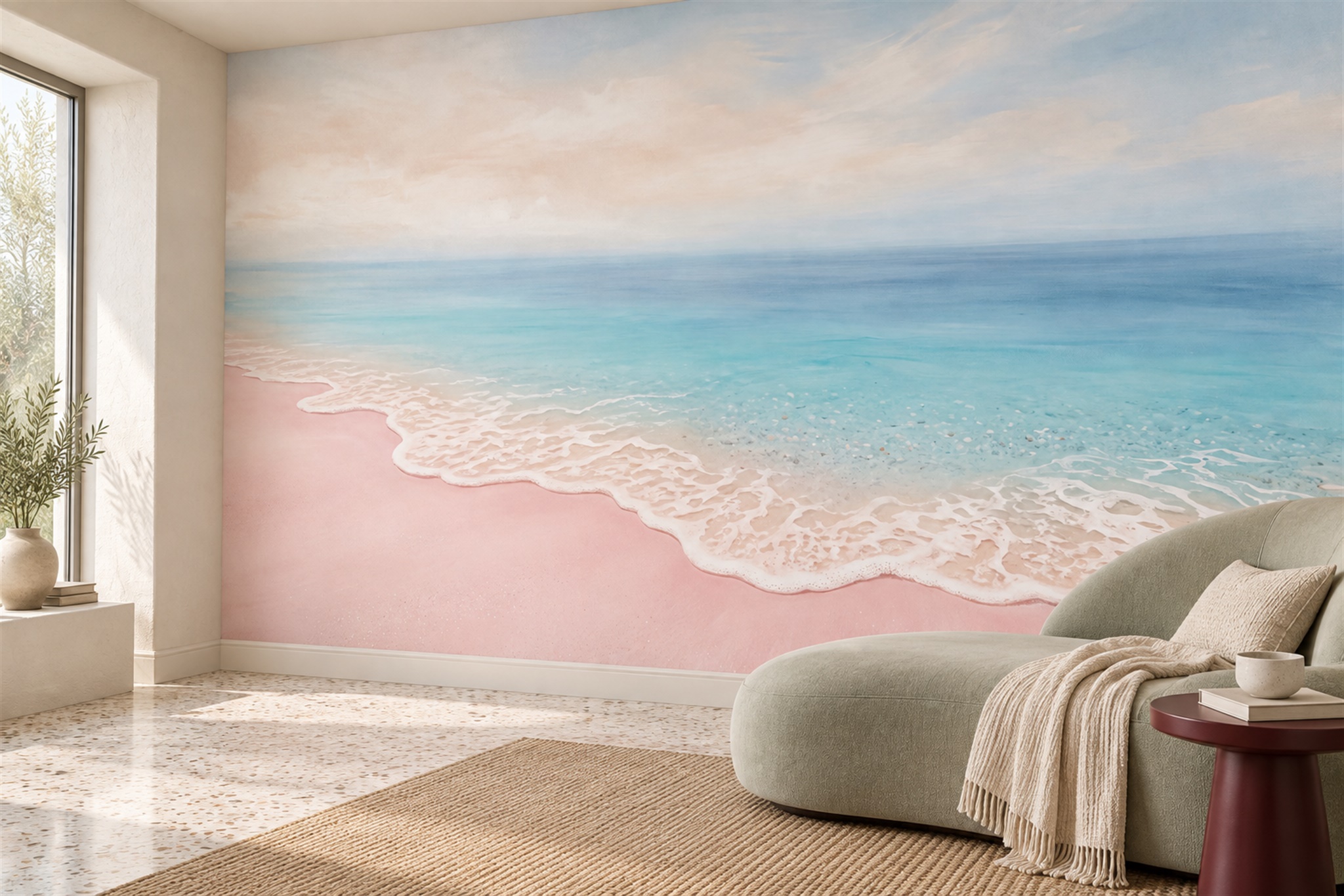 Pink Beach Scenic Watercolour Wallpaper Mural Home-office-wallpaper-murals, Peel-and-stick Finish