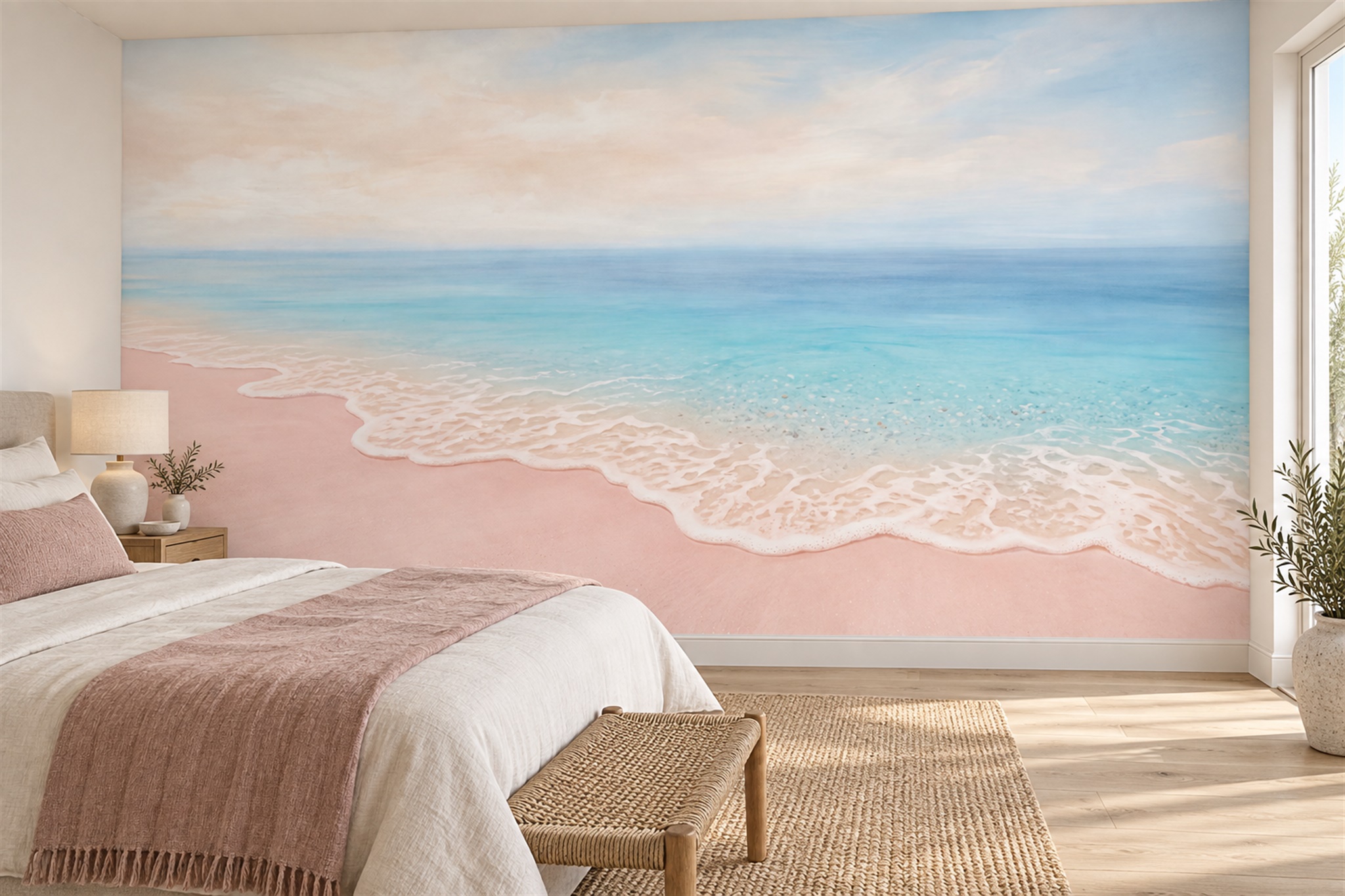 Pink Beach Scenic Watercolour Wallpaper Mural Home-office-wallpaper-murals, Peel-and-stick Finish
