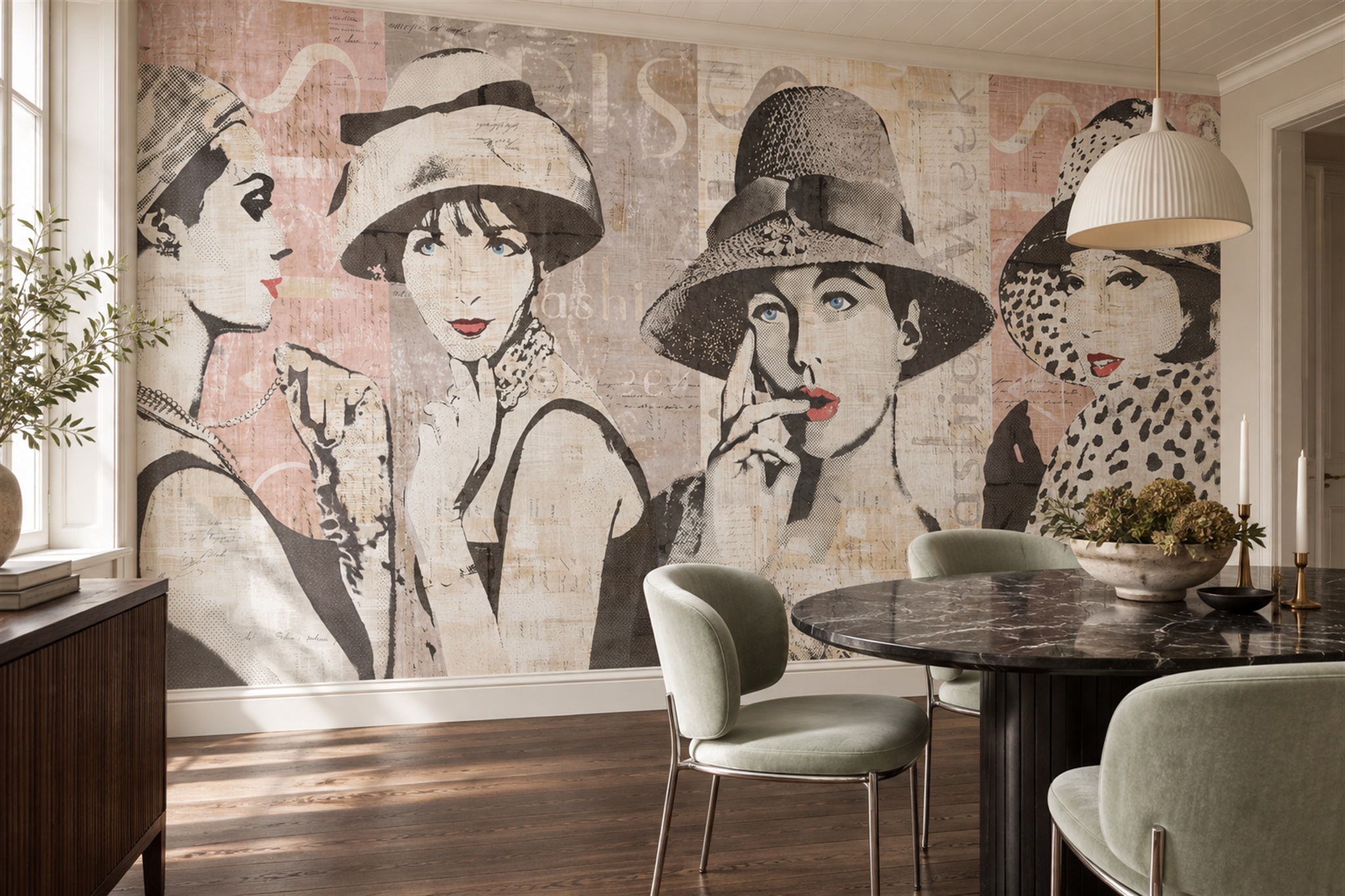 Beige Pattern Decorative Wallpaper Mural Layered Forms Wallpaper Mural Dining-room-wallpaper-murals, Shown In A Dining Room, Peel-and-stick Finish