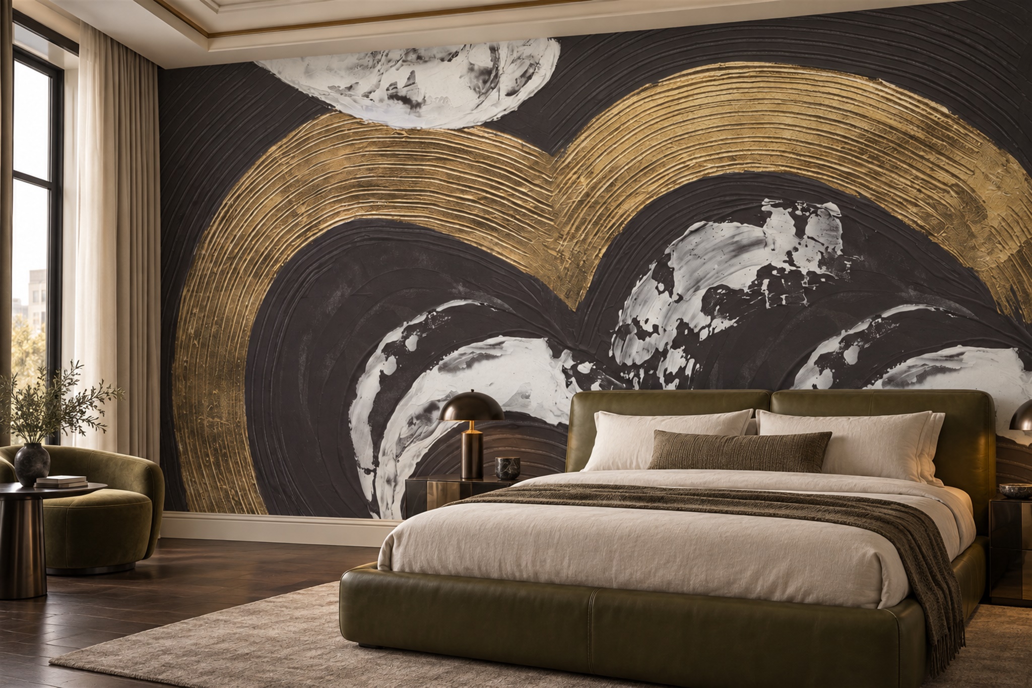 Gold Pattern Decorative Wallpaper Mural Layered Organic Wallpaper Mural Bedroom-wallpaper-murals, Peel-and-stick Finish